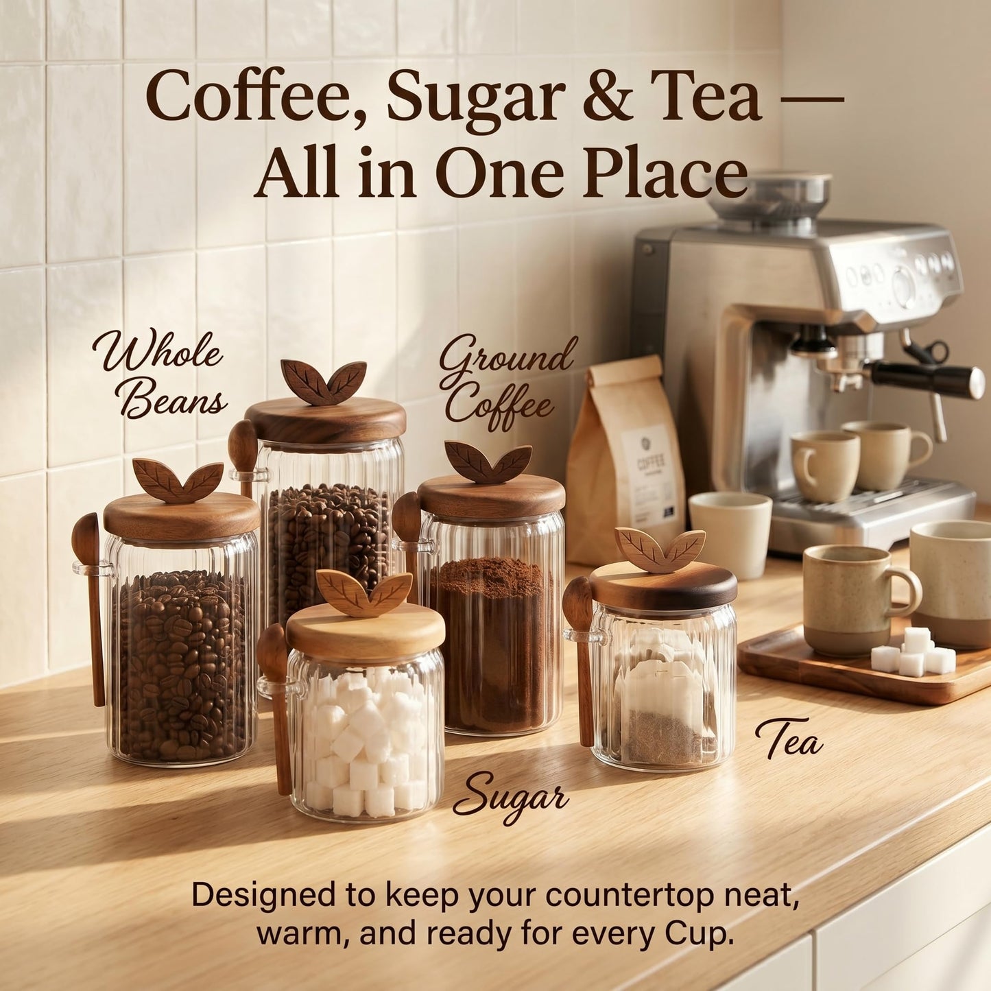 Splotiva Glass Coffee Canister with Wooden Lid & Spoon, Airtight Food Storage Jar for Coffee, Sugar, Salt, Tea & Snacks (17floz x 2)