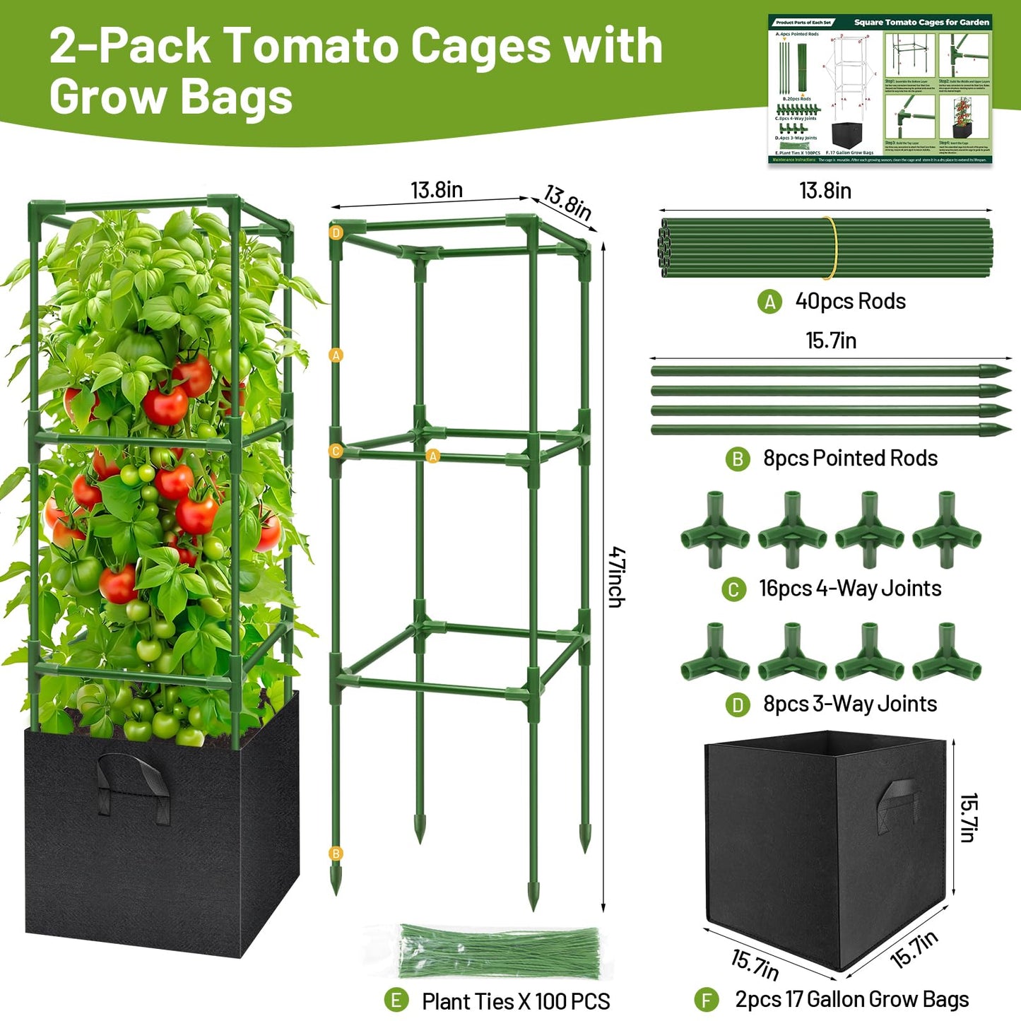 Legigo 2 Pack Tomato Cages with 17 Gallon Grow Bags- 47 Inch Square Tomato Cages for Garden, Heavy-Duty Tomato Stakes Plant Support Cages Trellis for Garden Vertical Climbing Plants Vegetables