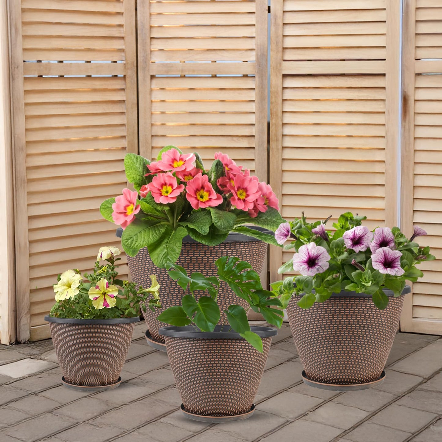 16 inch Plant Pots, Large Planters for Outdoor Plants Set of 4, Round Plastic Flower Pots with Drainage Holes & Trays, Modern Decorative Indoor Garden Pot, Plant Container for House (Black Copper)