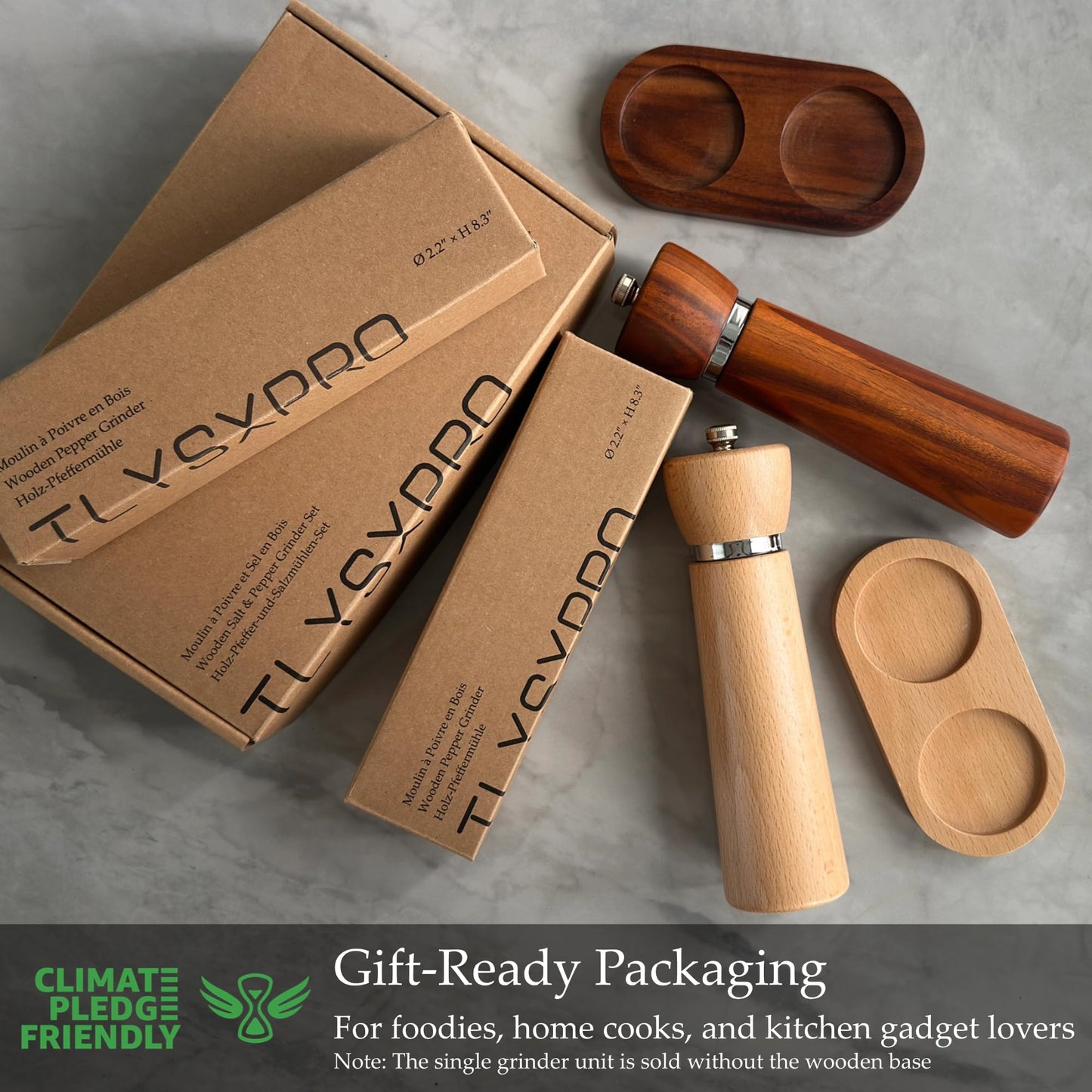 TLYSXPRO Wooden Salt and Pepper Grinder Set – Refillable Salt and Pepper Mill with Adjustable Upgraded Large Size Ceramic Burr – Manual Pepper Grinder with Beech Wood Body – 8.3” Tall