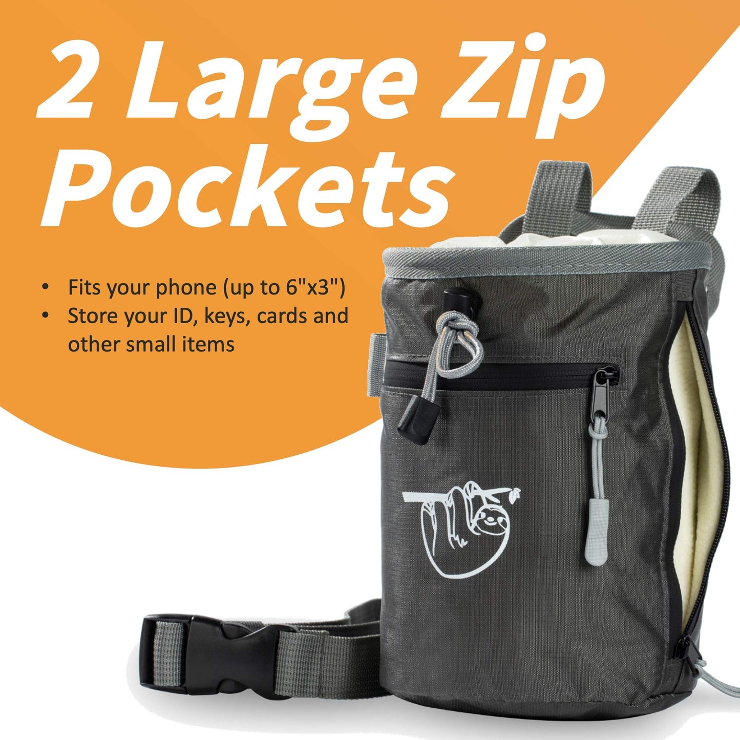 Chalk Bag for Rock Climbing, Climbing Chalk Bag for Bouldering with 2 Large Zipper Storage Pockets, Premium Gym Chalk Bag for Weightlifting, Great Gift and Rock Climbing Gear, Gray