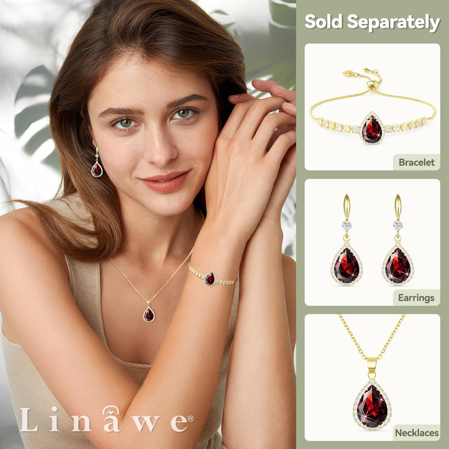 Linawe Ruby Imitation Diamond Dangle Earrings for Women, 14K Gold Rhinestone Cubic Zirconia Crystal Teardrop Earrings, Wedding Bride Bridesmaids Earrings, Birthstone Jewelry