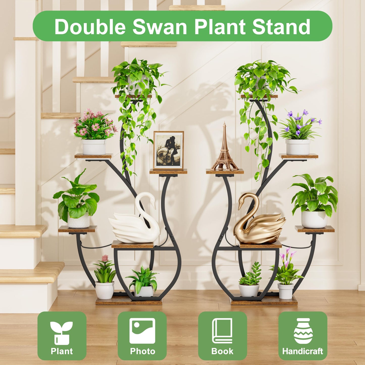 CODACE Plant Stand Indoor with Grow Lights - 2 PCS Indoor Plant Shelf, 6 Tiered Corner Plant Stands for Indoor Plants, Swan-Shaped Plant Holder, Metal Flower Display Rack for Living Room (Black)