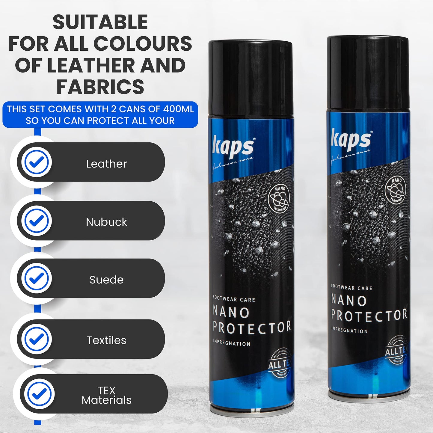 Kaps Nano Protector, Set of 2x 400ml, Waterproof Shoe Protector Spray for Leather, Nubuck, Suede, Textiles and TEX Materials, Moisture and Dirt Repellent