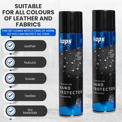 Kaps Nano Protector, Set of 2x 400ml, Waterproof Shoe Protector Spray for Leather, Nubuck, Suede, Textiles and TEX Materials, Moisture and Dirt Repellent