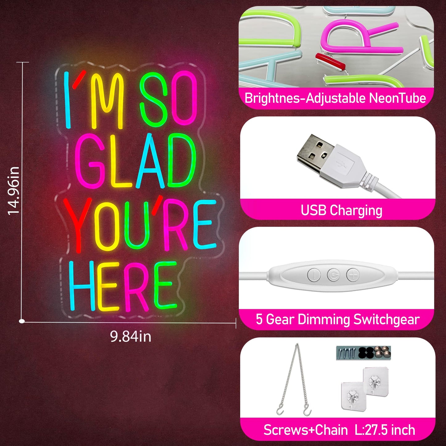 I’m So Glad You Are Here Neon Sign, Dimmable LED Light Up Neon Sign for Girls Bedroom Club Wedding Bachelorette Valentine's Day Party Wall Decor Birthday Christmas Gift for Daughter Teen Girls Friends (I’m So Glad You Are Here)