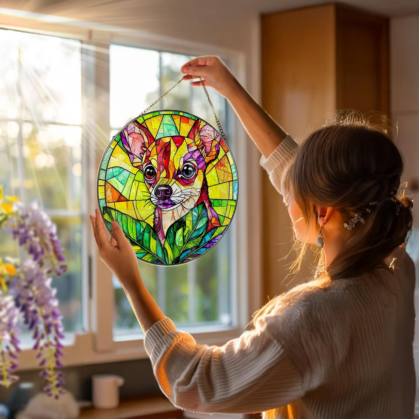 DOUHASU 8″ Stained Glass Window Hanging Ornament, Vibrant Chihuahua Stained Glass Suncatcher Ornament, Sun-Catcher Window Decor | Gifts for Dog Lovers, Dog Lover Gift, Pet Lover Gift