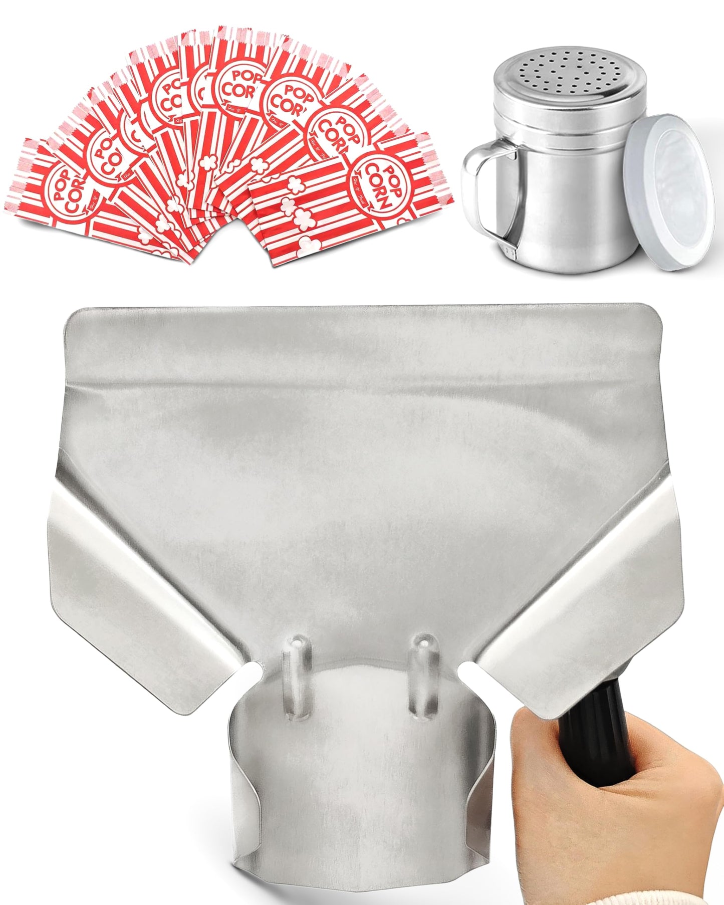 Scoopset Popcorn Scoop Set with Salt Shaker & 10 Popcorn Bags, Stainless Steel Popcorn Scoop for Popcorn Machine, Popcorn Scooper, French Fry Scoop Bagger Shovel