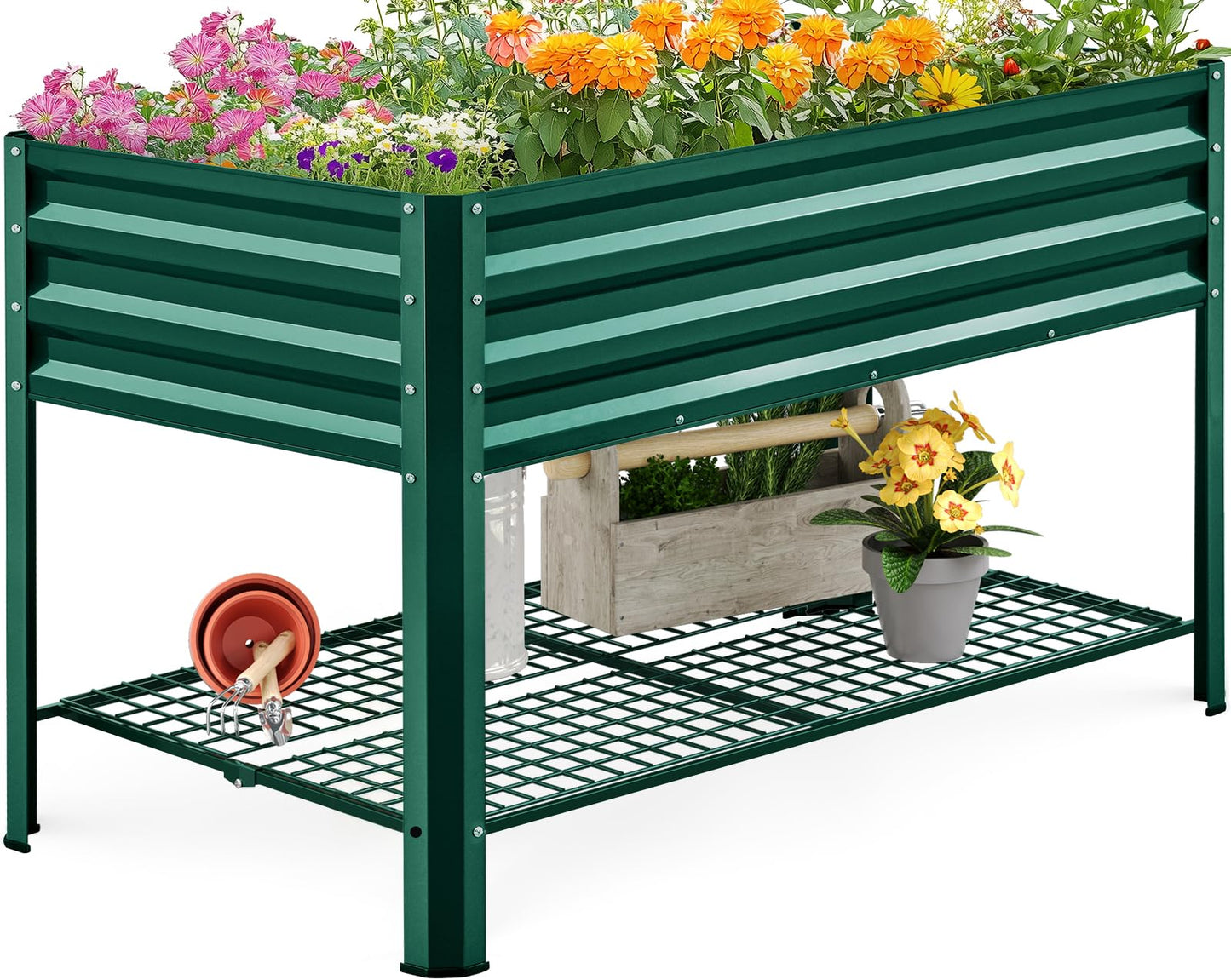 KING BIRD Large Raised Garden Bed with Legs & Storage Shelf Galvanized Elevated Planter Box for Backyard, Patio, Balcony, 400lb Capacity, Green 48×24×31.5 in