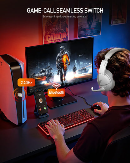 acer Wireless Gaming Headset, PS5 Headset with 2.4GHz for Ps5, Ps4, PC, Switch, Bluetooth 5.3 + 100Hrs Gaming Headphones with Noise Canceling Mic for Laptop, Mobile, Mac, 50mm Drivers (White)