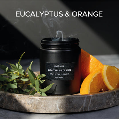 Craft & Kin Premium Orange & Eucalyptus Candle | Black Scented Candles for Home | Long Lasting with 45 Hour Burn Time, 7.6oz | Soy Candle | Aromatherapy at Home | Gifts for Men