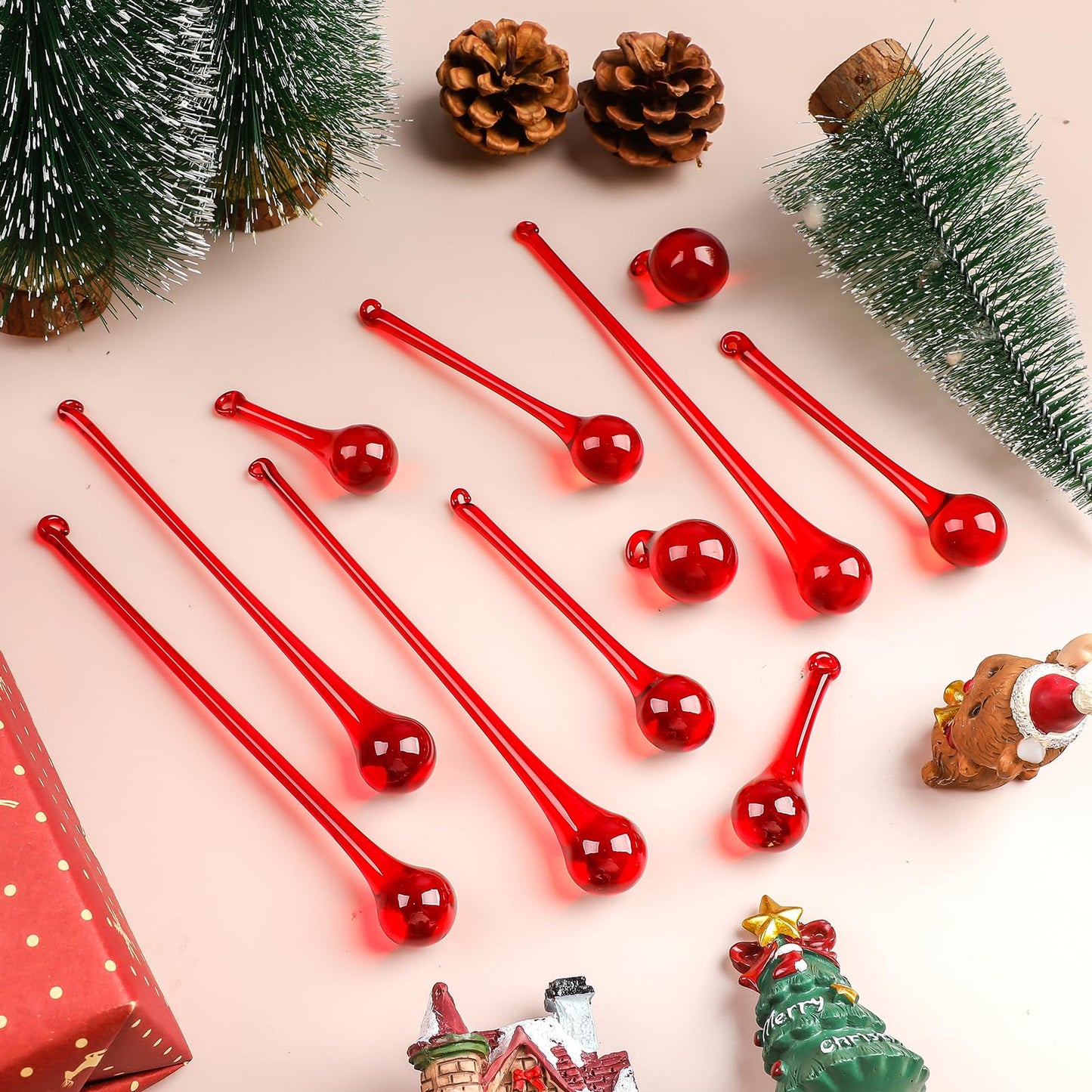 LONGWIN 40pcs Red Crystal Glass Teardrop Ornaments for Christmas Tree, Chandelier Crystals Replacement Parts, 4 Styles Xmas Raindrop Centerpiece Decor