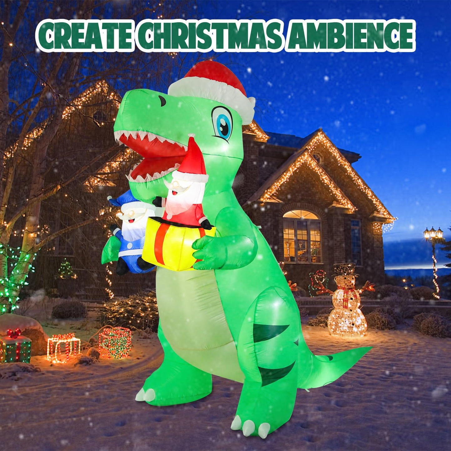Vipush 8 FT Christmas Inflatable Decorations Dinosaur Christmas Decorations Outdoor Inflatable with LED Light, Outdoor Holiday Decor Blow Up Yard Decor
