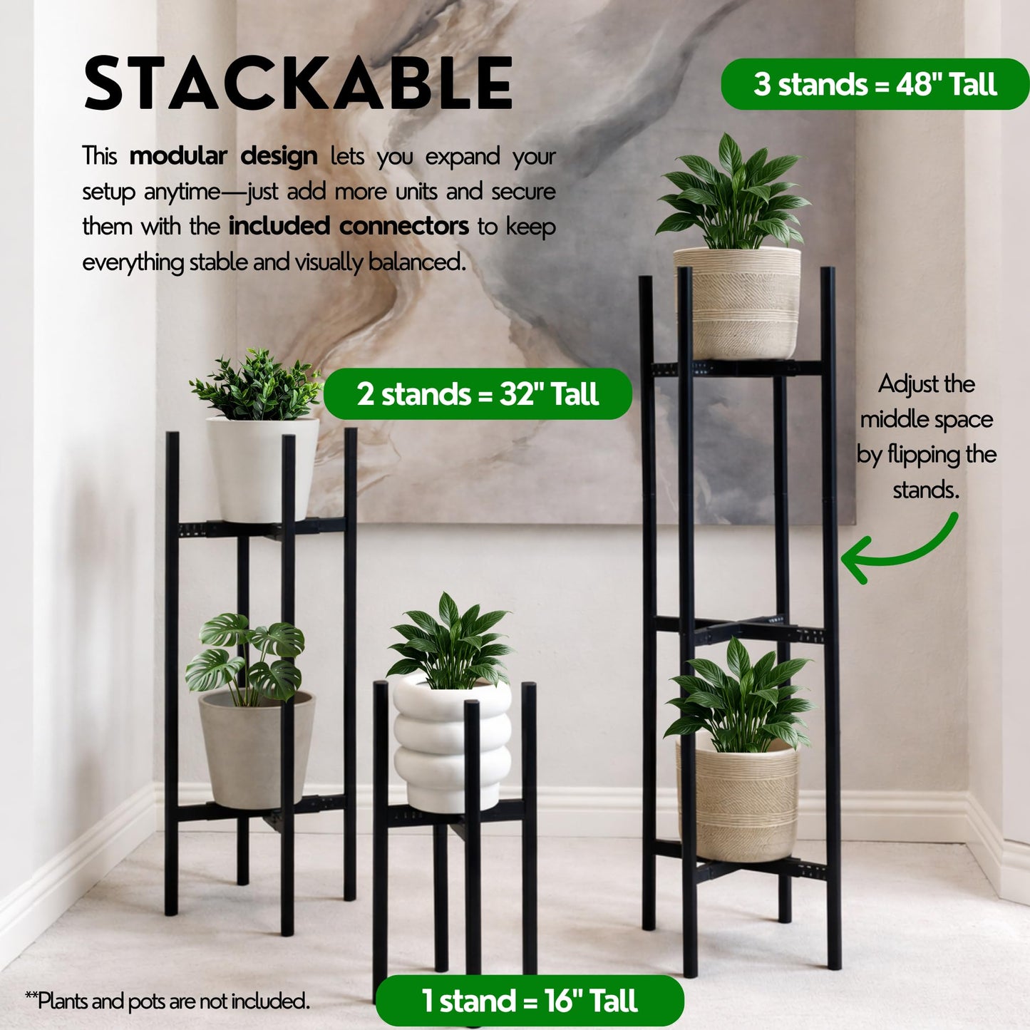 Adjustable 2-Tier Metal Plant Stand Indoor Outdoor- Set of 2 stackable plant shelfs. Heavy Duty Plant stands outdoor rustproof. Flower stand suitable for 8–12 Inch Pots by iSpaces