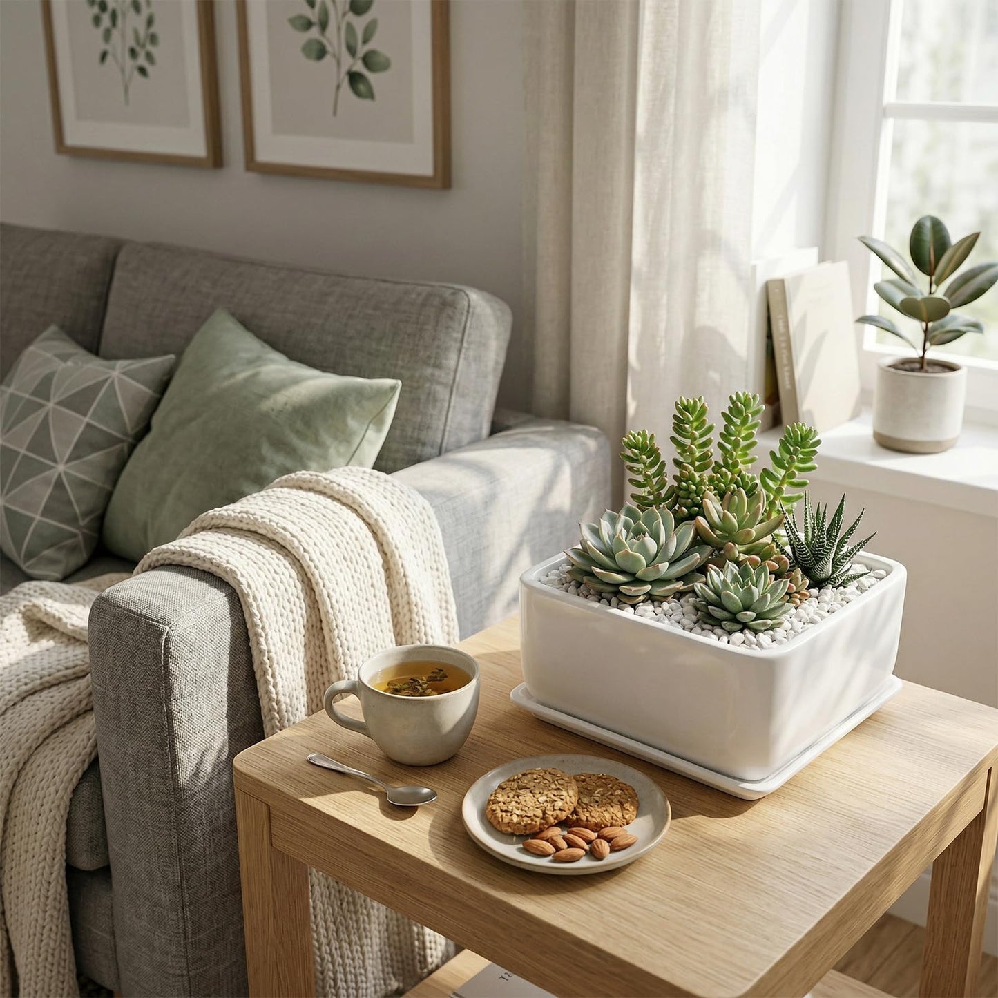 MyGift Modern White Ceramic Square Indoor Small Planter, Flower Succulent Plant Pot with Drainage Hole and Removable Drip Tray