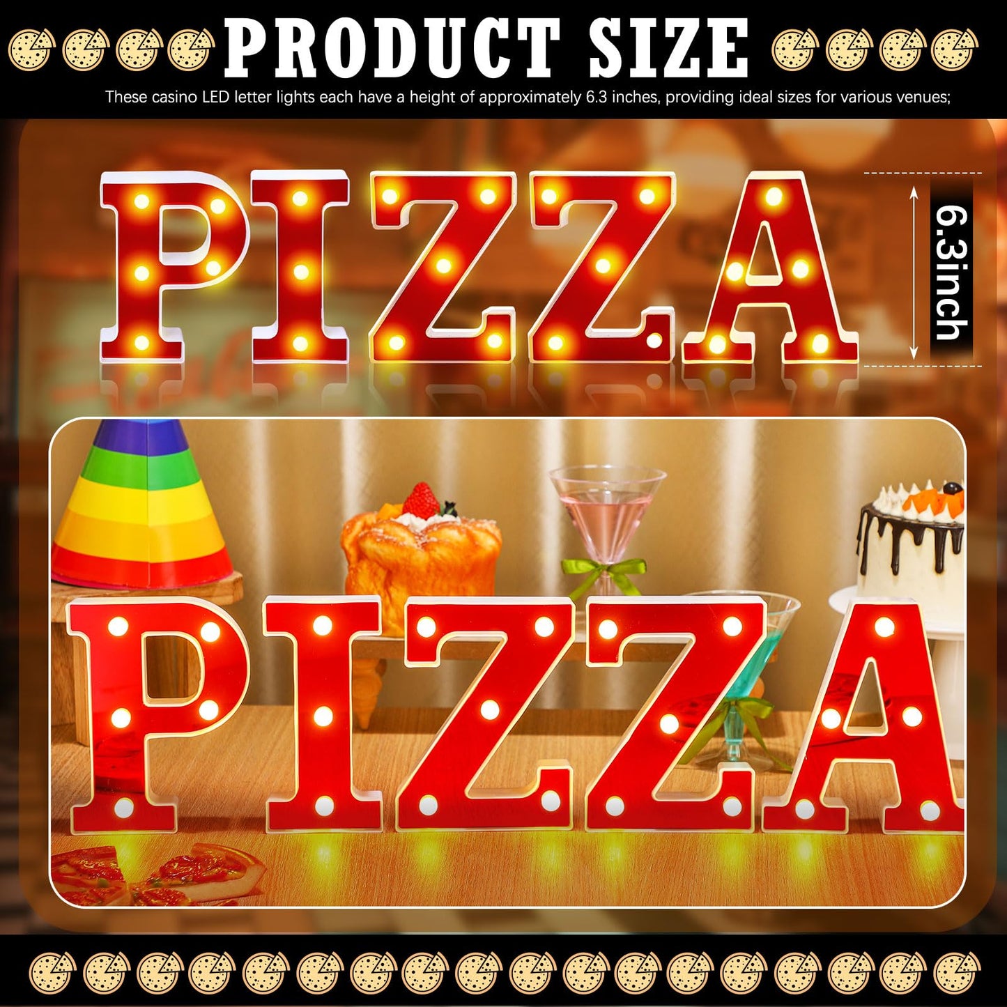 Aurelema Pizza 6.3" Light up Letters Sign Party Decorations Battery Powered Marquee Lighted Sign LED Alphabet Letter Lights for Christmas Night Party Birthday Home Tabletop Decor Supplies Xmas Gift