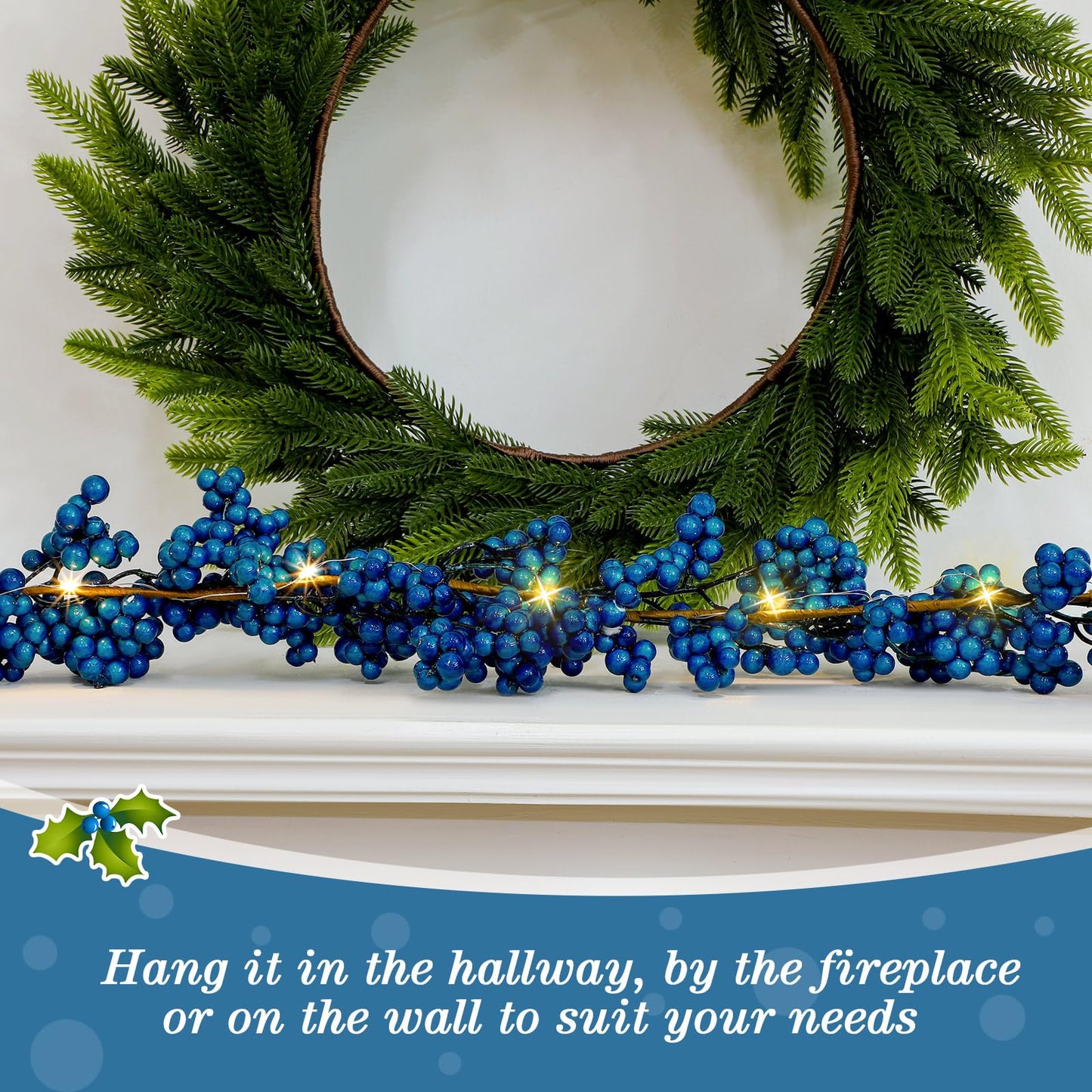Syhood Christmas Berry String Garland with Lights Thanksgiving Artificial Lighted Garland for Xmas Winter Tree Decor Home Office Fireplace Mantel Decoration Holiday Valentines, 6 ft(Royal Blue,1 Pcs)