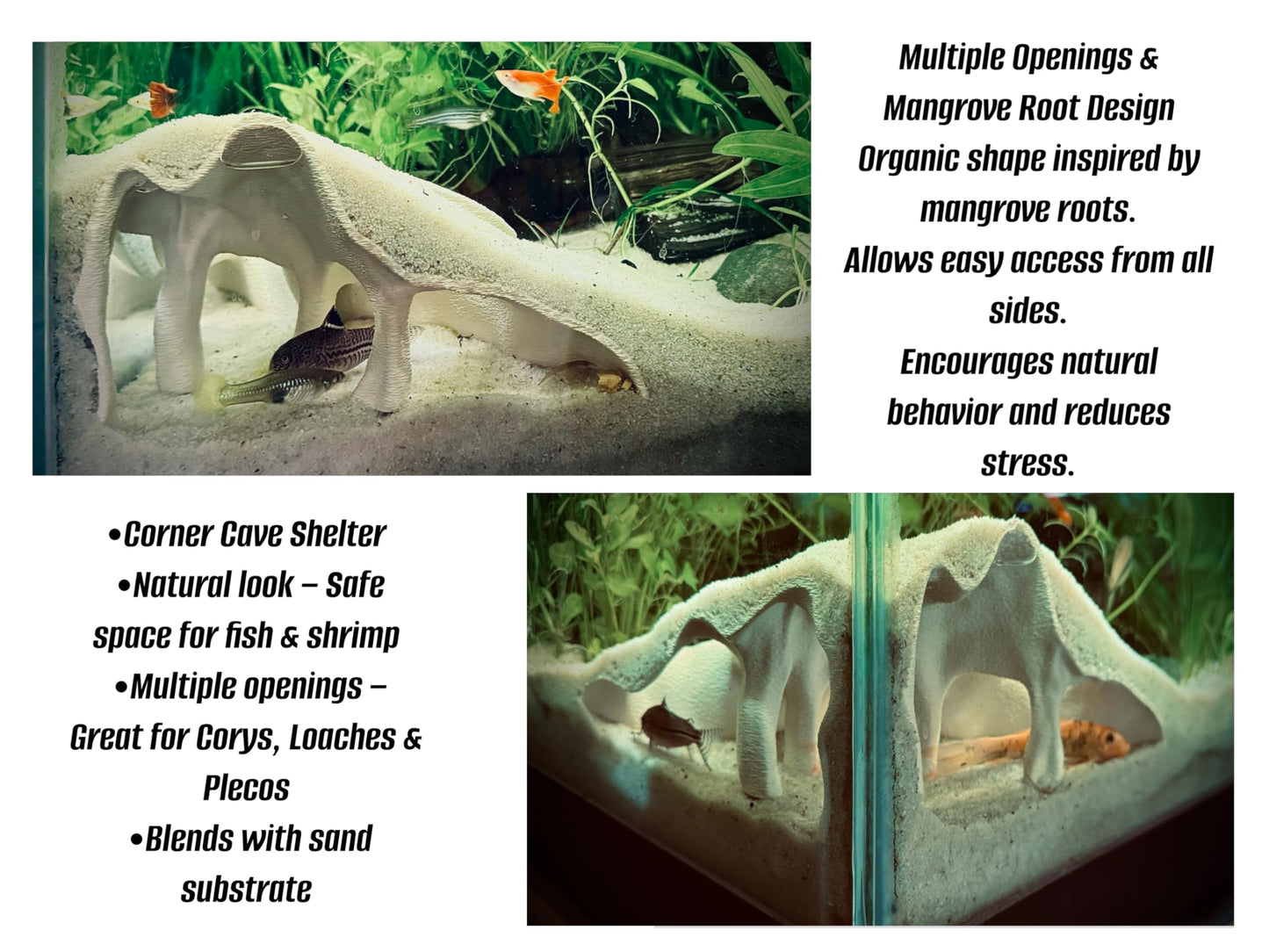 Aquarium & Terrarium Corner Underground Cave – Faux Mangrove Root Hideout for Betta, Corydoras, Shrimp, Geckos & Snakes – Natural-Look Tank Decor in Textured Root Style (Charcoal, 7.5" x7.5''x4)