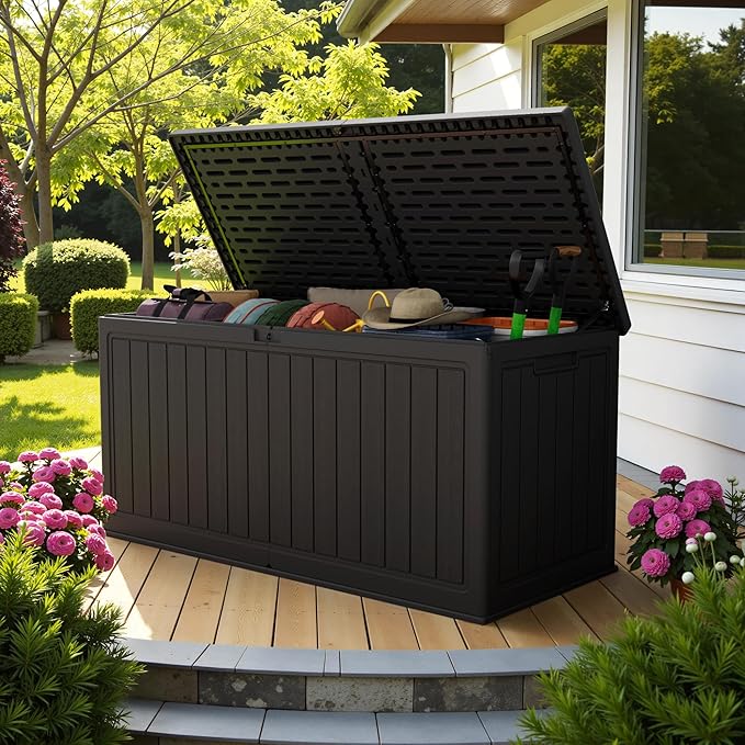 Devoko 260 Gallon Double-Wall Deck Box with Divider, Side Handles, Resin Outdoor Large Storage Box Waterproof and Lockable for Patio Furniture, Garden, Pool (Black, 260 Gallon)