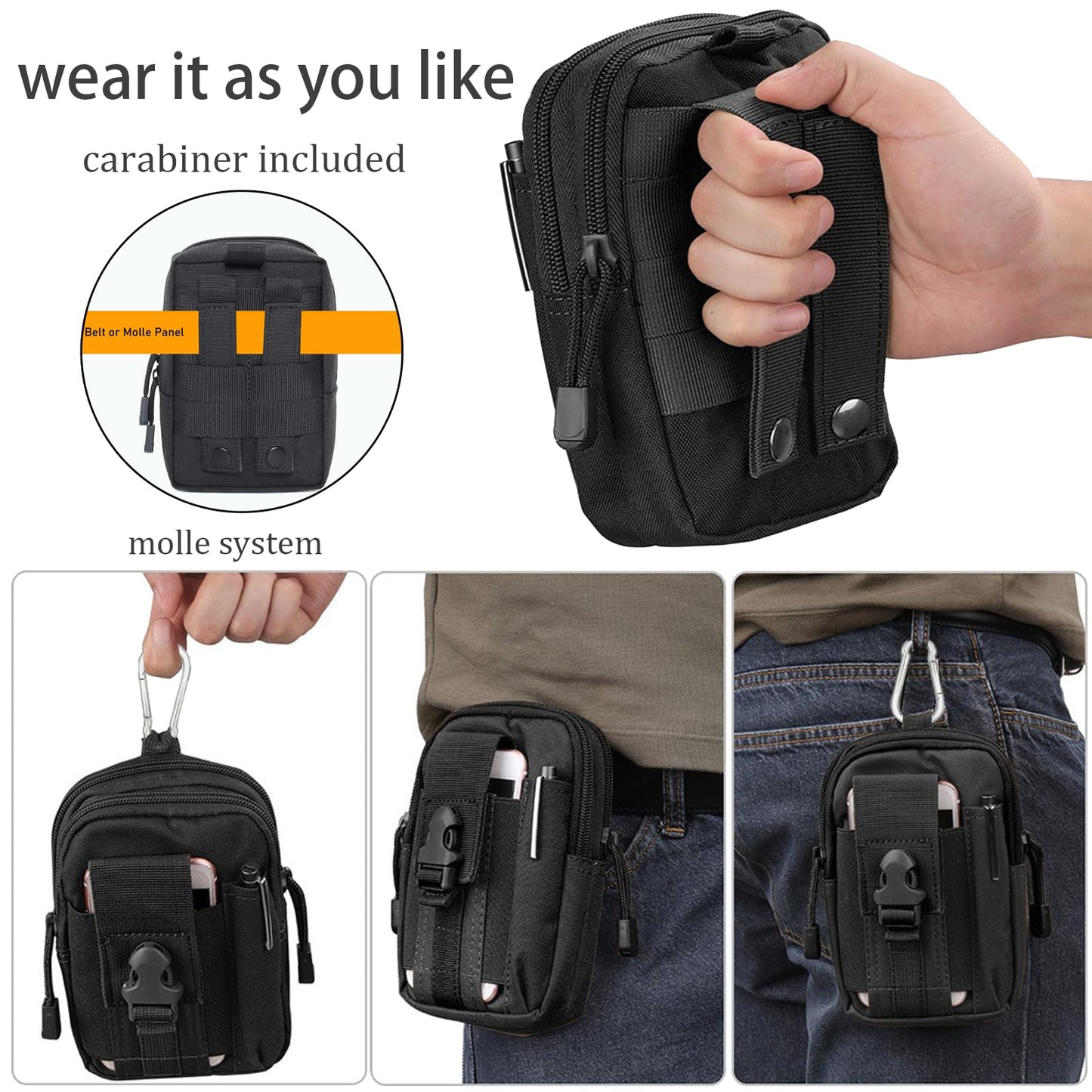 2 Pack Tactical EDC Pouch, Small Utility Pouches molle Phone Pouch Tool Pouch Belt Pouches for Men Tactical Vest Accessories with Aluminum Alloy Carabiner - Black