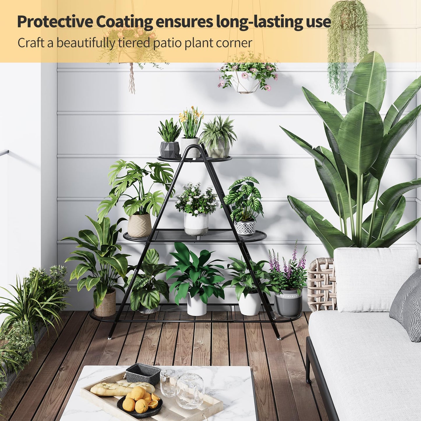 Furshus Plant Stand for Patio, 3-Tier Metal Plant Shelf–Indoor/Outdoor Display Rack for Multiple Pots, Heavy Duty Plants, Garden Flower Organizer (Black)