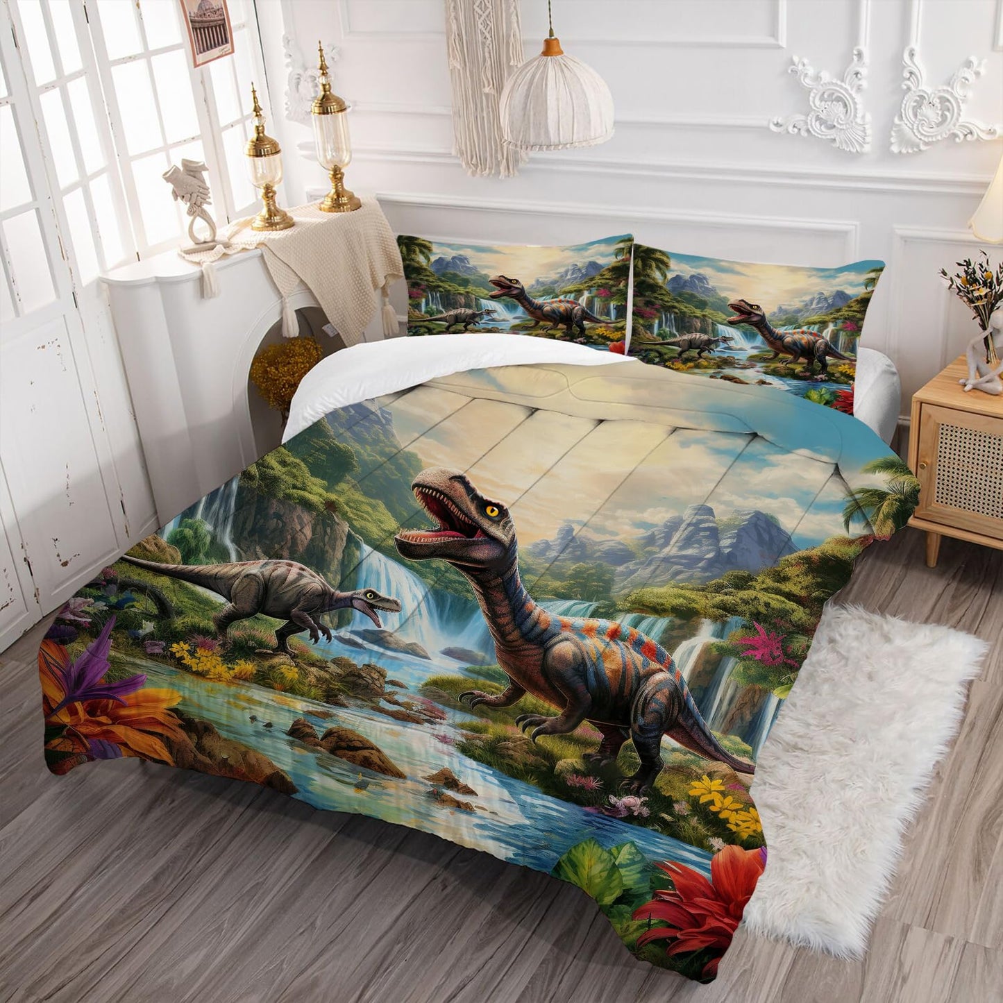 VTKON Kid Queen Dinosaur Comforter Set Easy Care Dinosaur Bedding Set for Boys/Girls Super Soft Microfiber Bed in a Bag Toddler Comforter Sets for Kids Cute Bed Sets with 1 Comforter + 2 Pillowcases