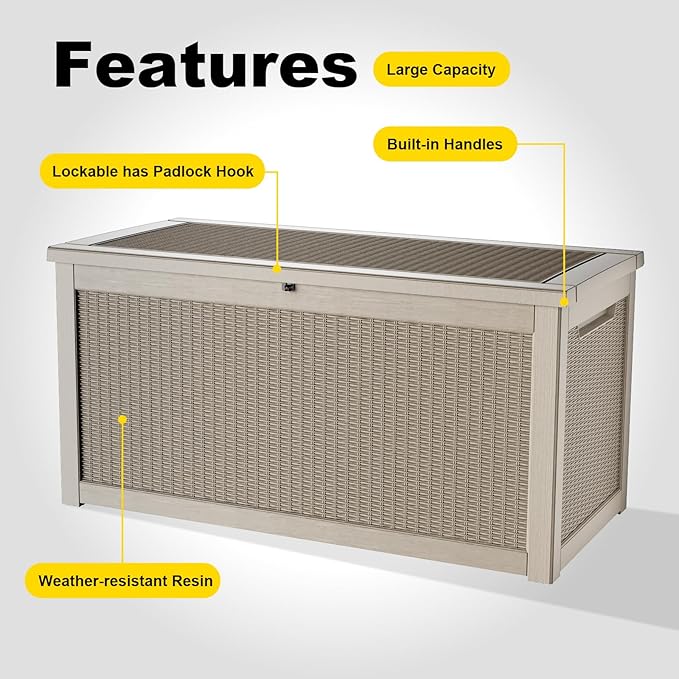 DRATO 320 Gallon Deck Box, Outdoor Large Waterproof Resin Storage Box with Lockable Lid for Patio Cushions, Gardening Tools（Gray，320 Gallon）