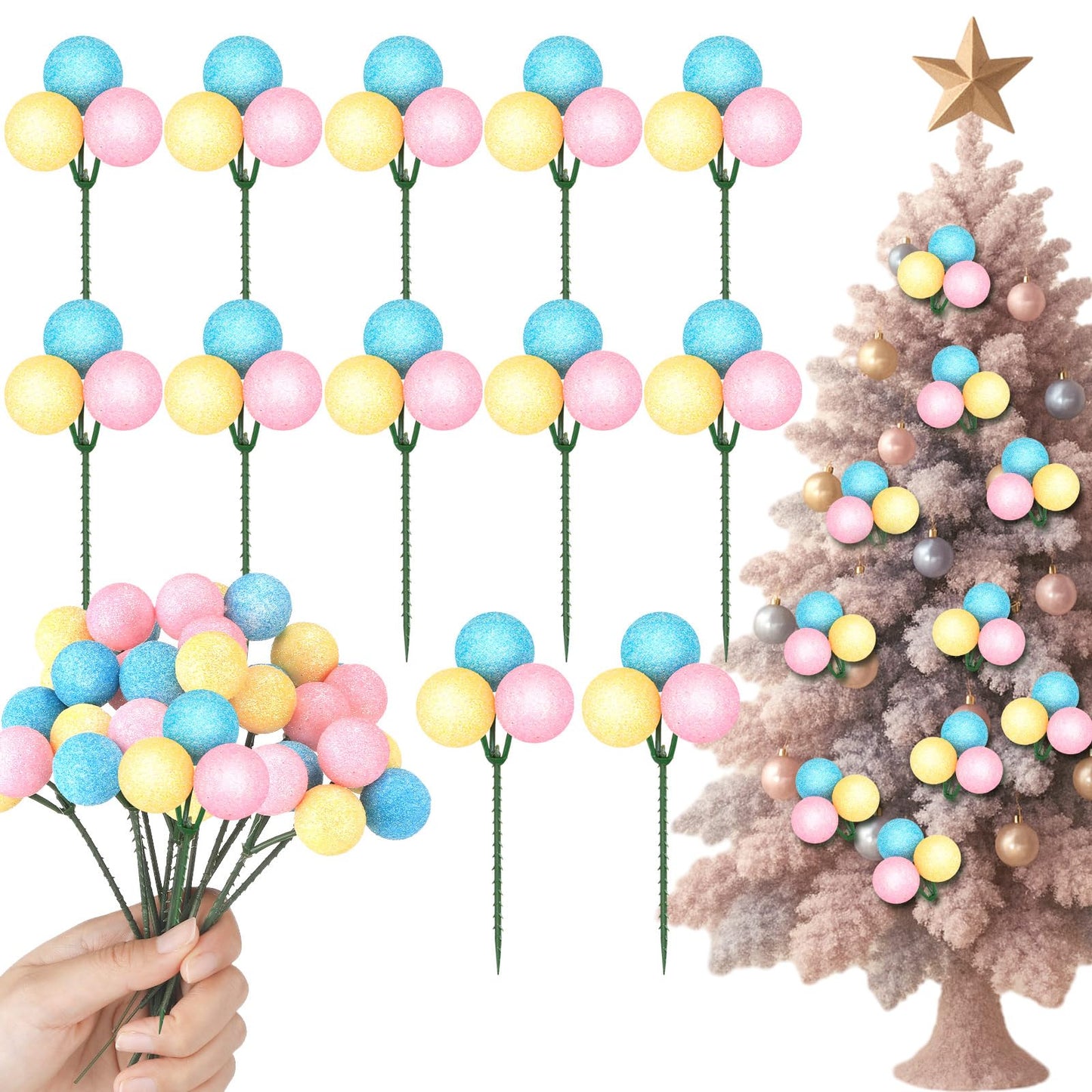 Syhood 12 Set 7.9 Inch Christmas Ball Ornaments on Wired Picks Shatterproof Xmas Pastel Ball Picks for Christmas Tree Vase Wreath Stairs Garland Decoration Supplies