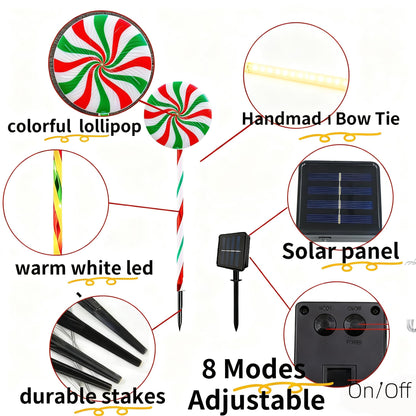 NAHIYELAS Christmas Solar Lollipop Pathway Lights 5 Pack Outdoor Candy Cane Stake Light with Bow Waterproof Walkway Xmas Outsides Garden Yard Lighting Landscape Decorative Decoration