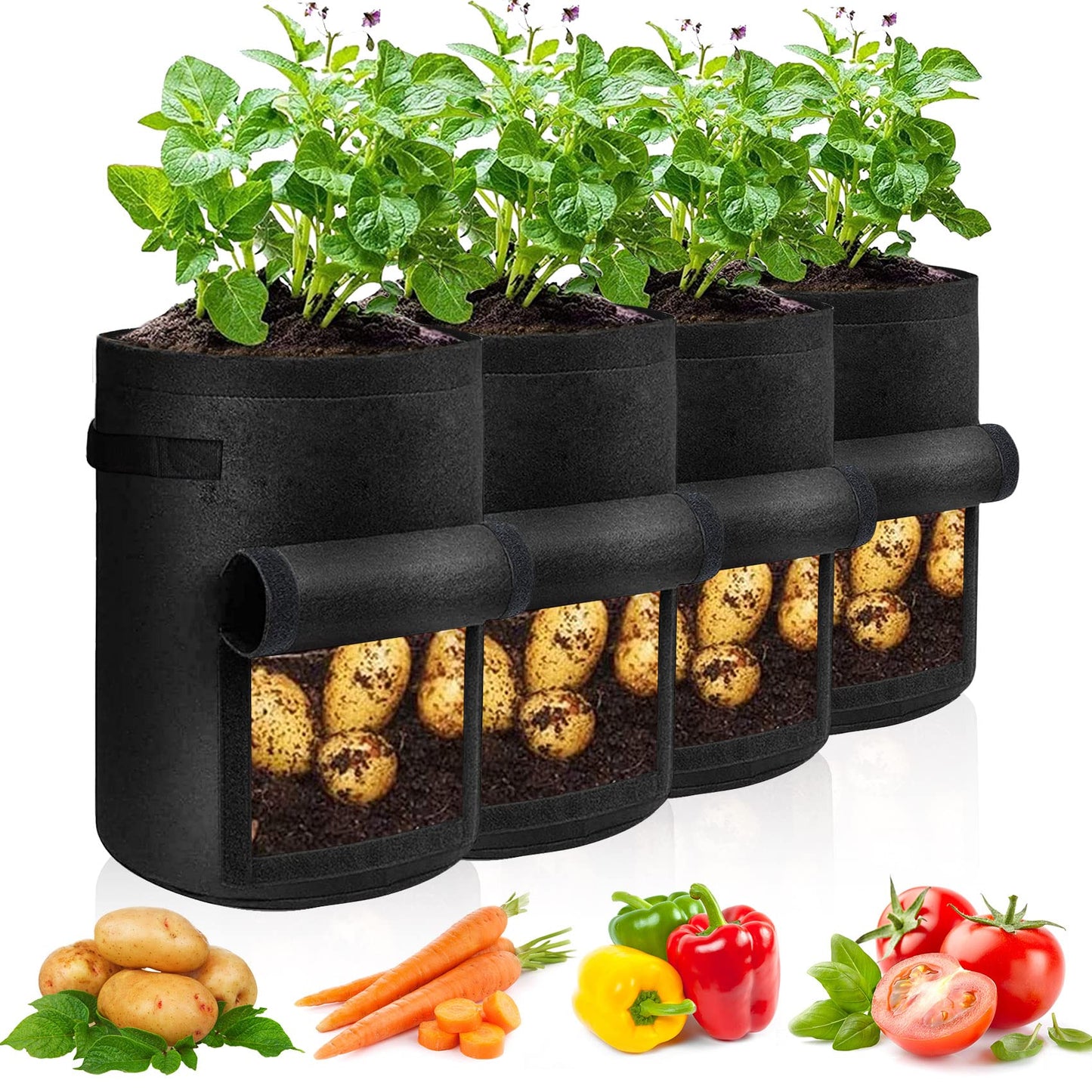 JJGoo 4 Pack Potato Grow Bags 10 Gallon with Flap, Heavy Duty Fabric with Handle and Harvest Window, Non-Woven Planter Pot Plant Garden Bags to Grow Vegetables Tomato, Black