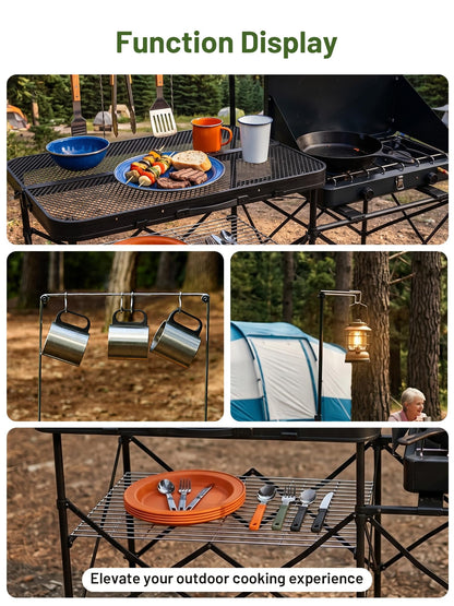 TIMBER RIDGE Portable Camping Kitchen Station, Folding Outdoor Cooking Grill Table with Heat-Resistant Steel Mesh Top & Storage Shelves, Heavy Duty Picnic RV Tailgating BBQ Easy Setup, 110lbs Capacity