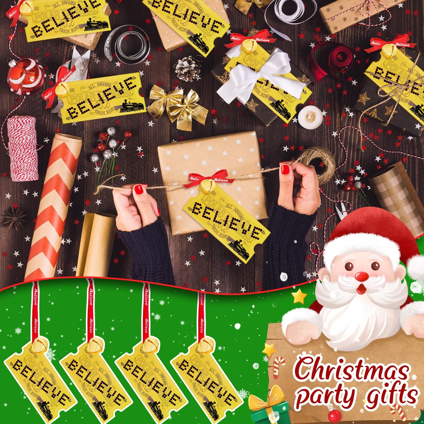 30 Pack Christmas Polar Golden Tickets Ornaments Bulk Polar Express Ticket Bell Set with Believe Bells Christmas Decorations for Polar Party Favors Xmas Gifts Holiday Decor