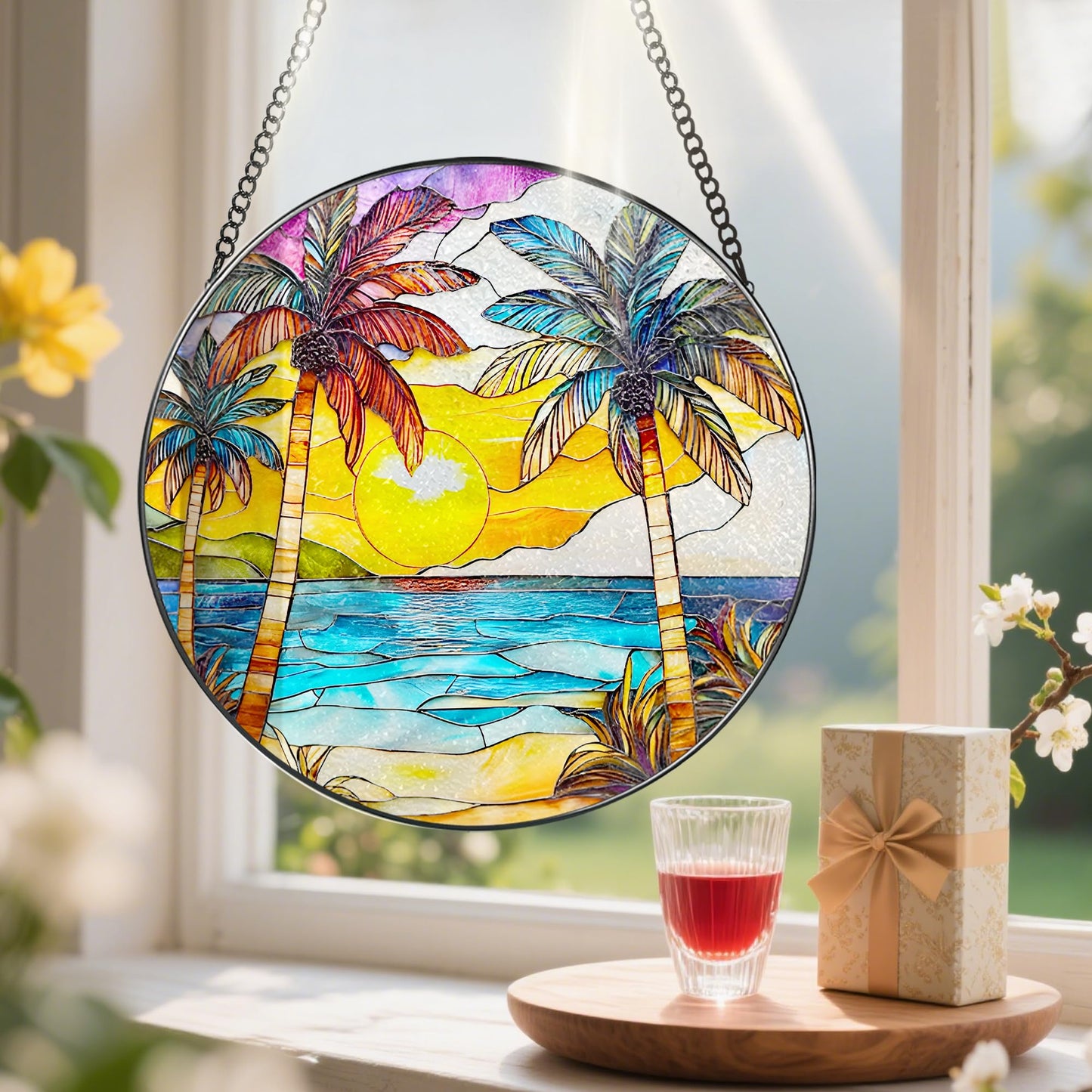 Stained Glass Window Hanging, 8 Inch Beach Sunset Stained Glass Suncatcher, Window Hanging Decor, Beach Lover Home Decor, Seabeach Sunrise Suncatcher, Gift for Mom Grandma