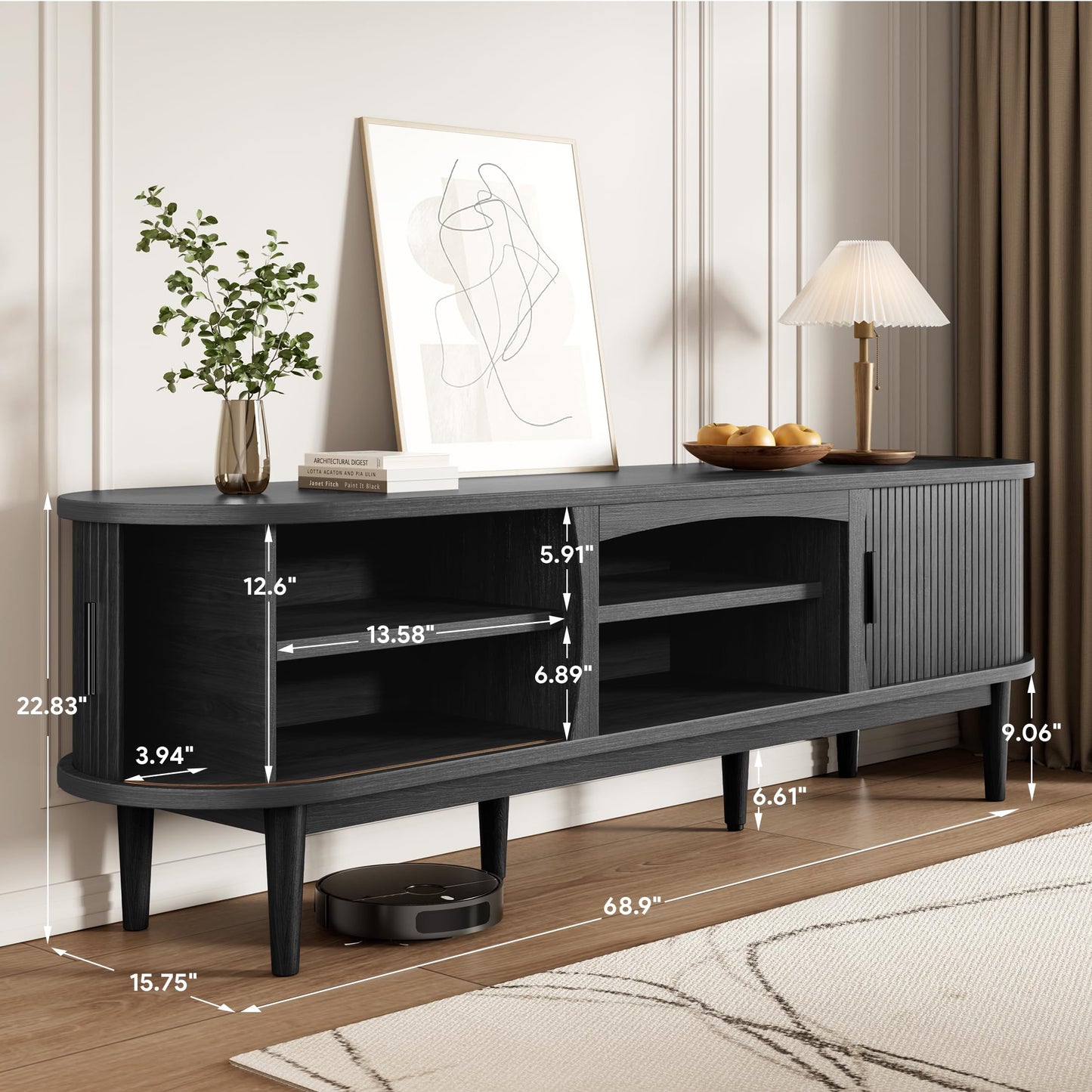 Decofy Mid Century TV Stand for TVs up to 80 Inches, Entertainment Center with Storage, Power Outlet, Fluted Sliding Doors & Adjustable Shelves, Modern Media TV Console Table for Living Room (Black)