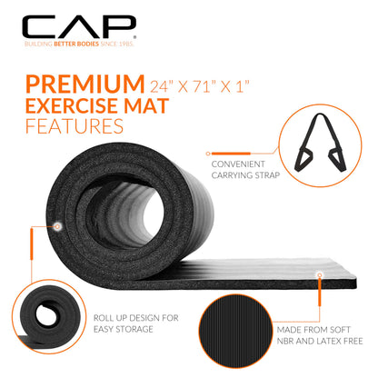 CAP Barbell 1-Inch High Density Exercise Yoga Mat with Strap | Multiple Colors