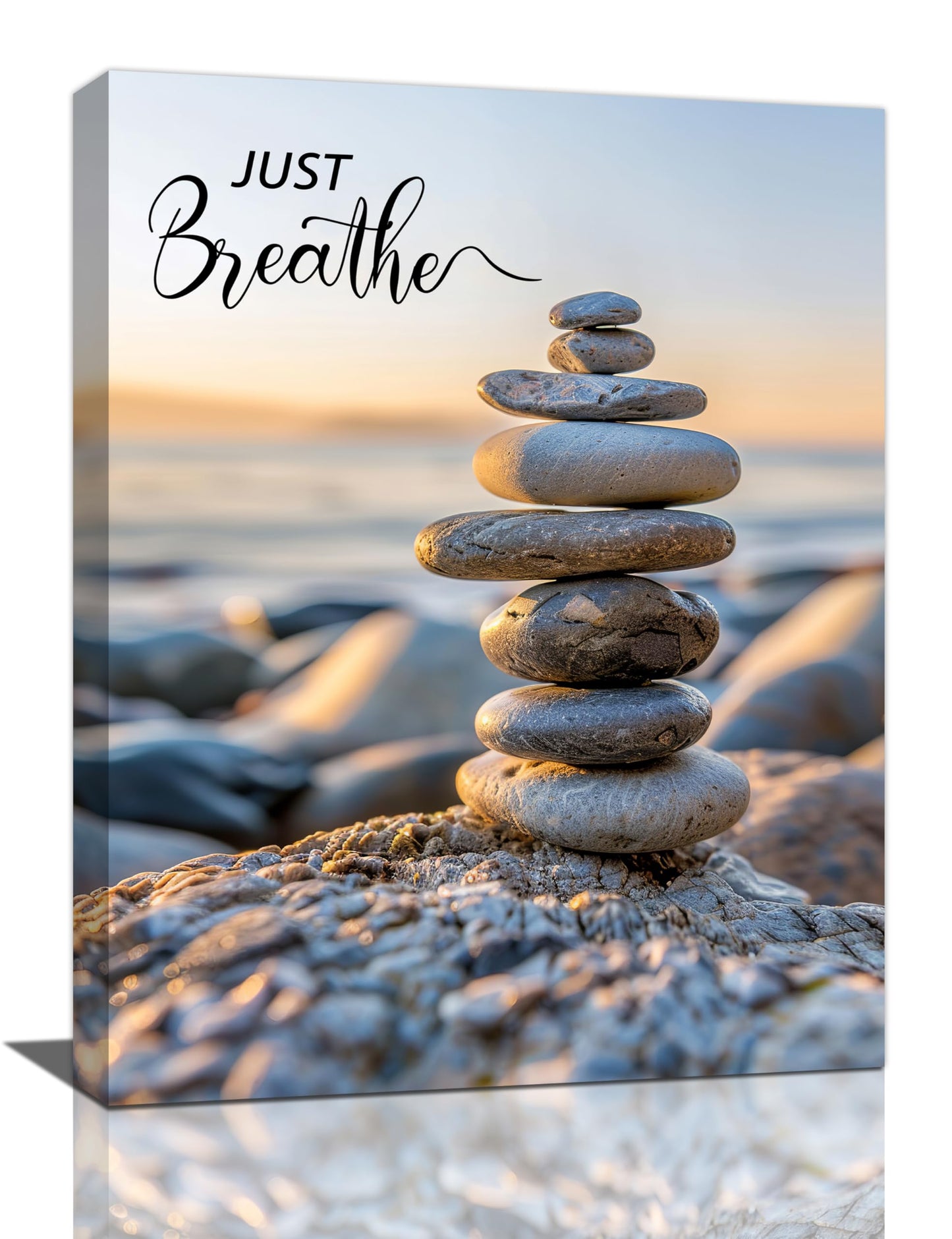 Zen Wall Art Spa Stone Just Breathe Pictures Canvas Wall Decor Meditation Yoga Painting Peaceful Home Modern Artwork Decorations Framed for Bathroom Bedroom Living Room Office 12 x 16 inch