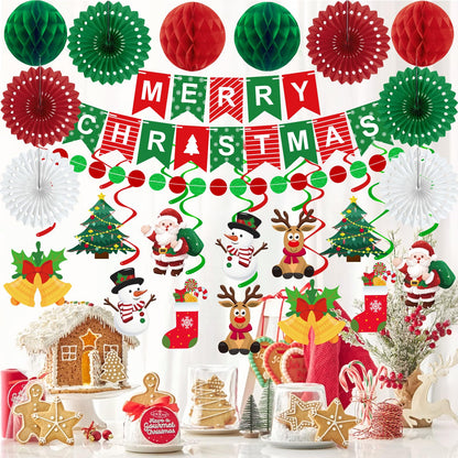 25pcs Christmas Party Decorations Merry Christmas Banner Paper Fan Garlands String Circle Dot Honeycomb Ball Swirl Streamers Snowman Santa for Xmas Decorations Indoor Home Decor