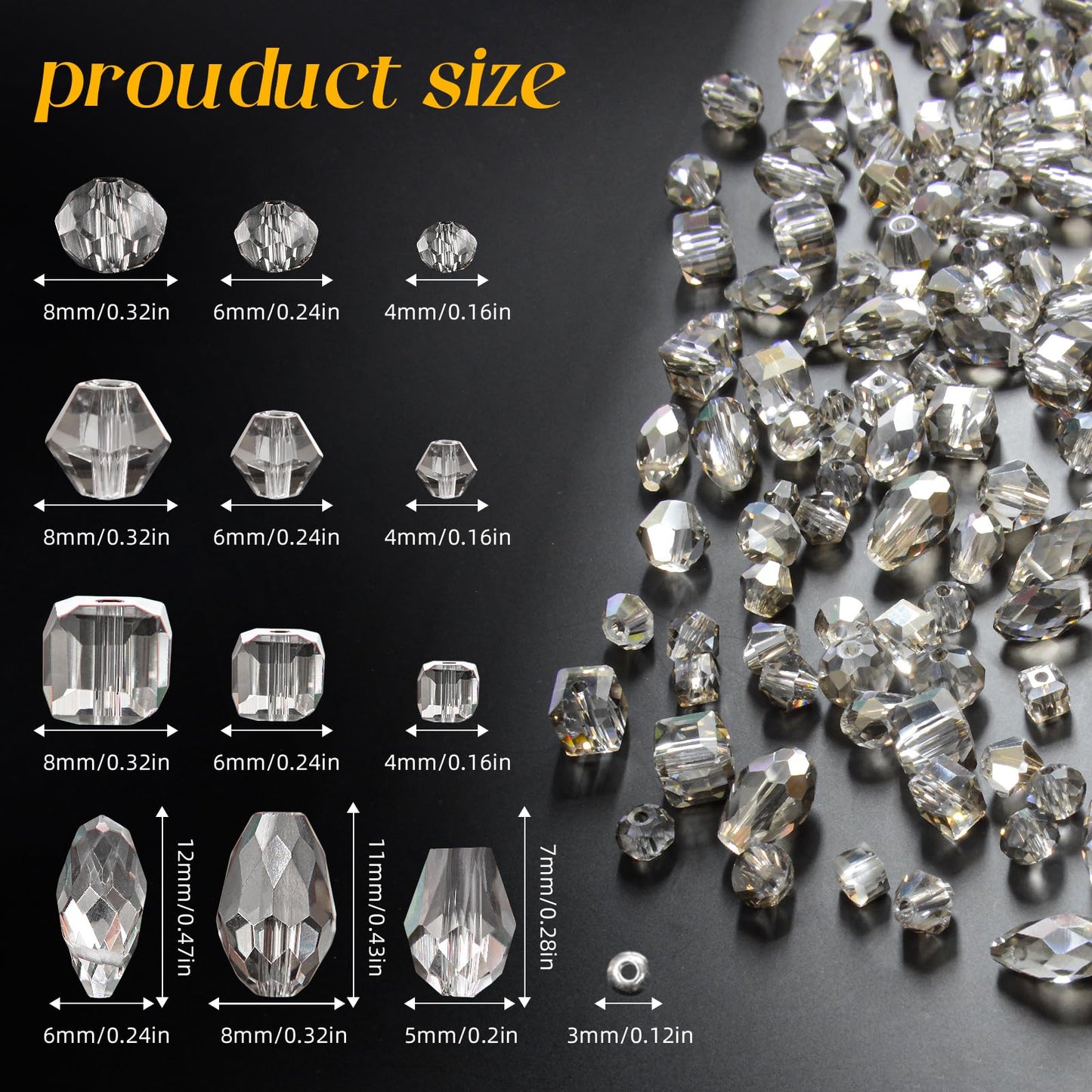 Laopottbeads 1500 Pcs Crystal Glass Beads for Jewelry Making – 12 Styles Bicone, Rondelle, Cube, Teardrop & 3mm Spacer Beads, DIY Bracelet Necklace Earring Craft Kit with Organizer Box(Grey)