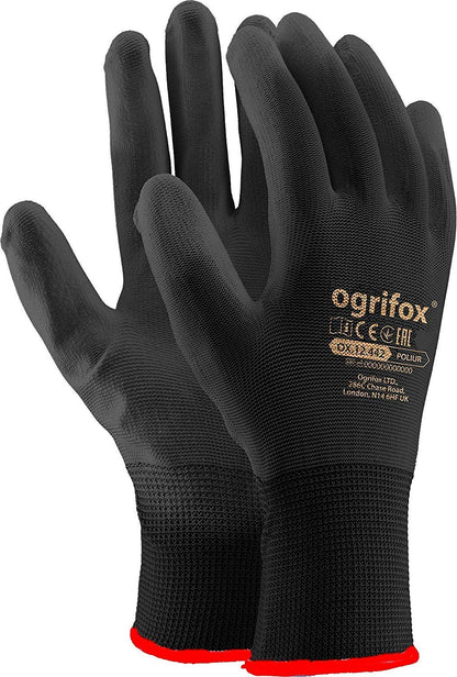 24 Pairs PU Coated Black Nylon Work Gloves. Gardening, Builders, Mechanic by AJS LTD® (M-8)