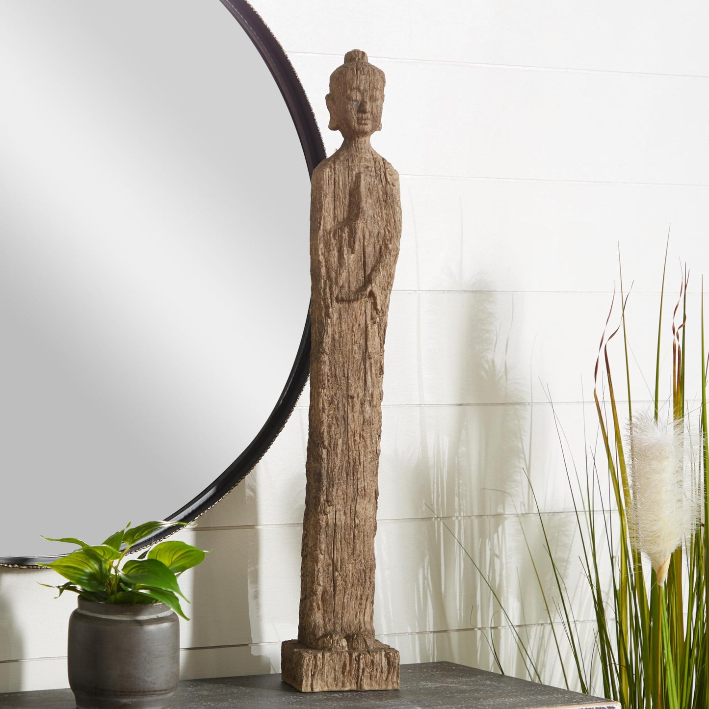 Deco 79 Polystone Buddha Decorative Sculpture Meditating Home Decor Statue with Engraved Carvings and Relief Detailing, Accent Figurine 5" x 4" x 32", Beige