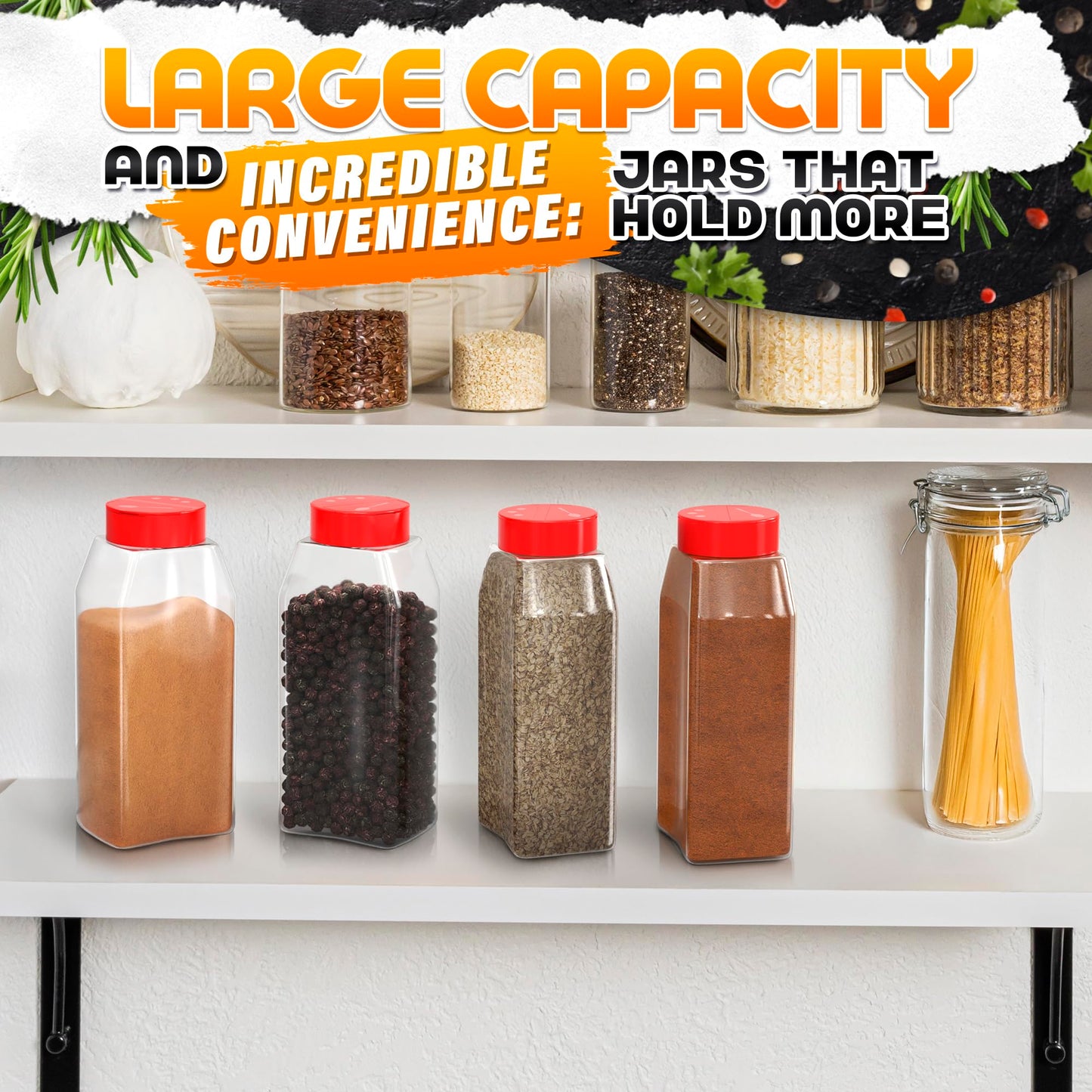 2 Pcs 32 oz Large Seasoning Shaker Set – Clear Spice Containers with Dual Flip-Top Red Lids and Airtight Seal – Food-Grade Plastic, Wide Mouth for BBQ Rubs, Bulk Spices, Loose Leaf Tea & Craft Storage
