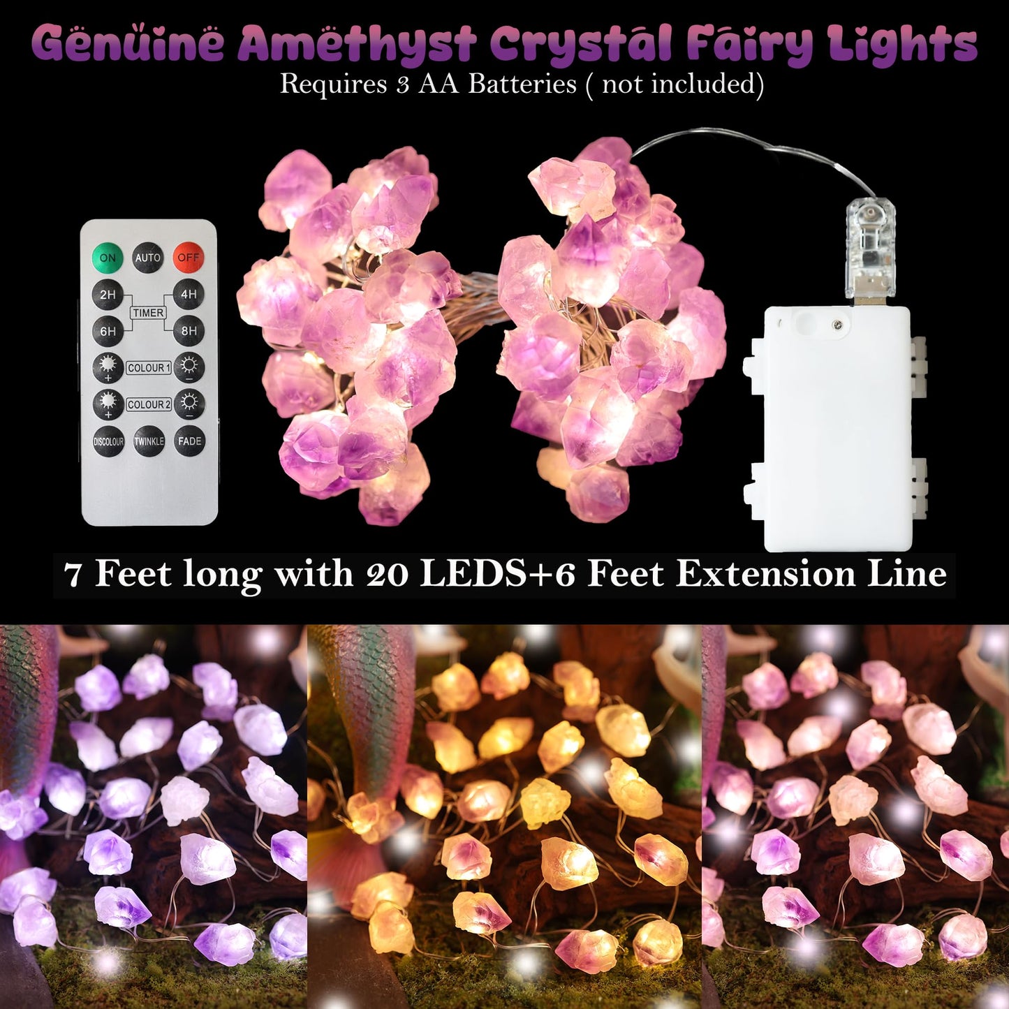 JASHIKA Genuine Amethyst Crystal Fairy Lights, Natural Healing 20 Raw Stones String of Lights 6.5ft Remote Control USB Plug in for Reiki Ornaments Bedroom Wedding Decoration
