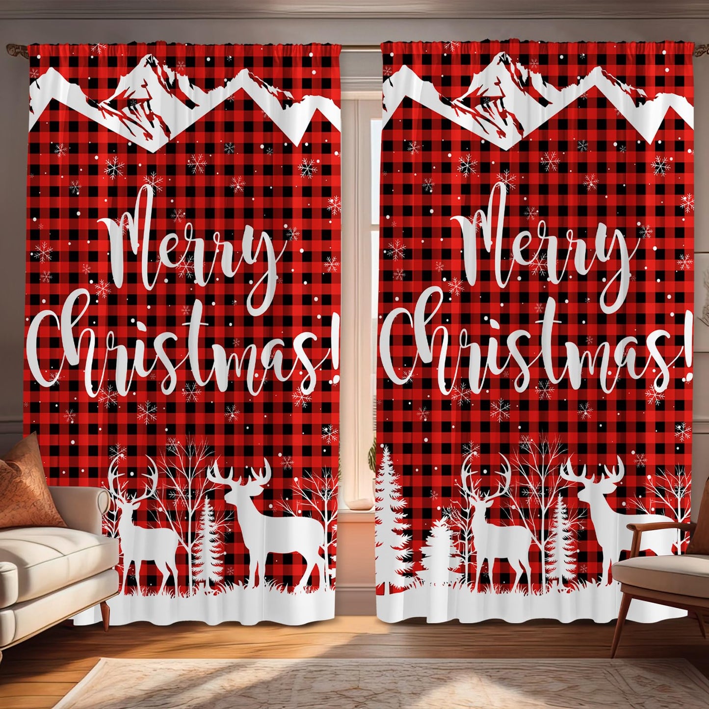 Fanfanwin Christmas Curtains 52" w x 84" l Black and Red Buffalo Christmas Tree Reindeer Window Curtain Farmhouse Xmas Window Drapes for Living Room Bathroom Home Decoration
