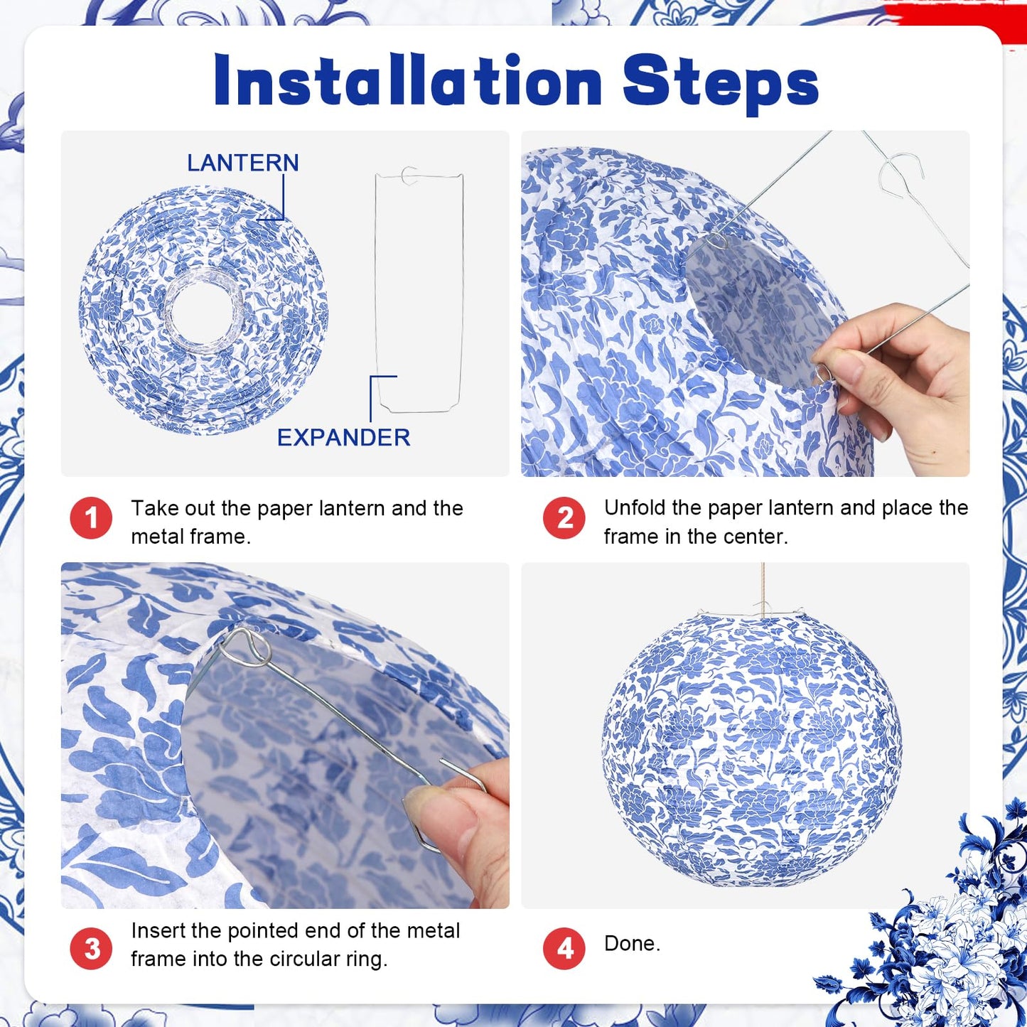 12 Inches Chinoiserie Paper Lantern Celehappy 10pcs Blue and White Porcelain Print Lantern Chinese Round Hanging Lanten for Birthday Wedding Party Ceilding Indoor Outdoor Home Decor