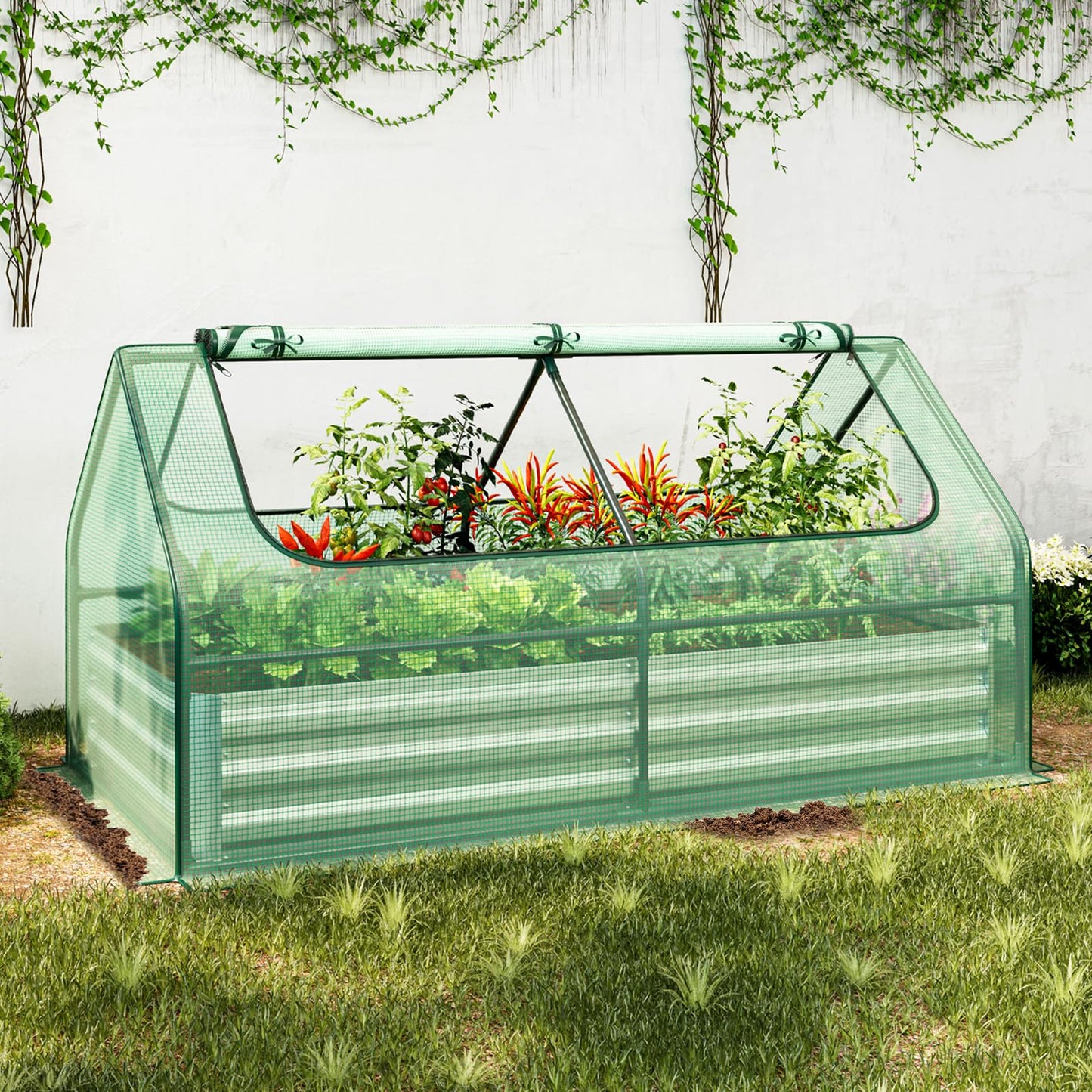 SAFSTAR Raised Garden Bed with Cover, 6FT x 3FT x 3FT Galvanized Bottomless Garden Bed with Greenhouse, Dual 2-Tier Roll-Up Windows, Outdoor Metal Planter Box Kit with Cover (Green)