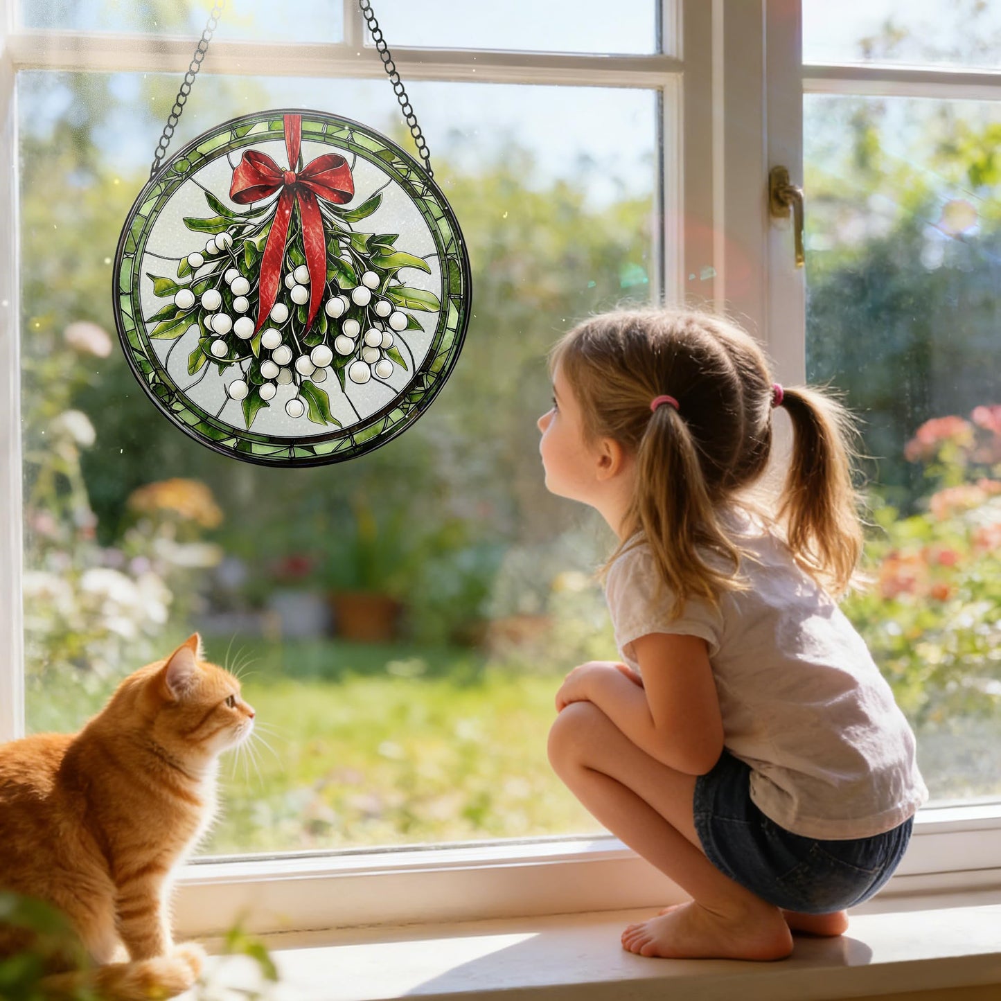Stained Glass Window Hanging, 7.8 Inch Mistletoe Stained Glass Suncatcher, Sun Catchers Indoor Window Ornament, Christmas Window Decor, Gifts for Christmas, Valentine’s Day, Housewarming, Birthday
