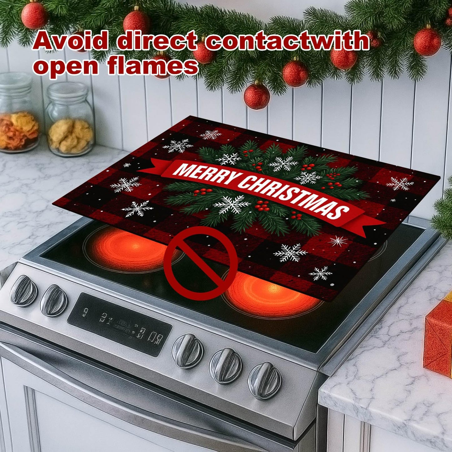 HOMETITUTE Glass Top Stove Cover Christmas Cooktop Protector 28x20 Inch Heat Resistant Silicone Stovetop Mat Holiday Kitchen Counter Cover Buffalo Plaid Snowflake Design