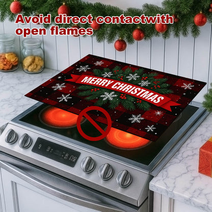 HOMETITUTE Glass Top Stove Cover Christmas Cooktop Protector 28x20 Inch Heat Resistant Silicone Stovetop Mat Holiday Kitchen Counter Cover Buffalo Plaid Snowflake Design