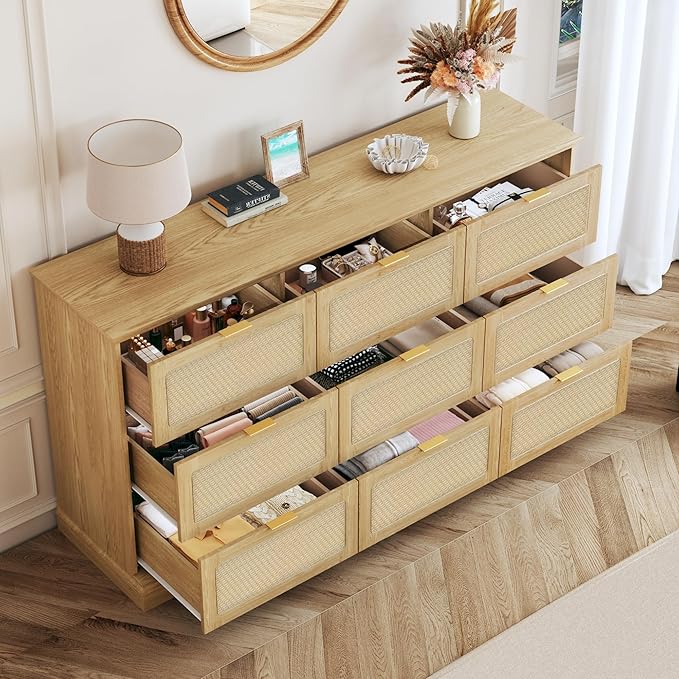 HUAHUU 9 Drawer Dresser for Bedroom, 60 Inch Long Dressers & Rattan Chest of