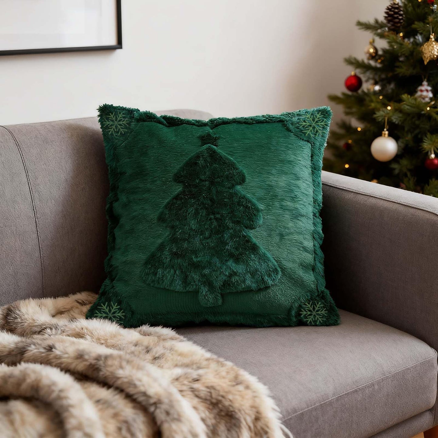 ONFAON Christmas Decorations - Christmas Pillow Covers 18x18 Inch Set of 2,Embroidered Xmas Tree Soft Plush Faux Fur Wool Throw Pillows Winter Holiday Decor for Sofa Living Room, Green